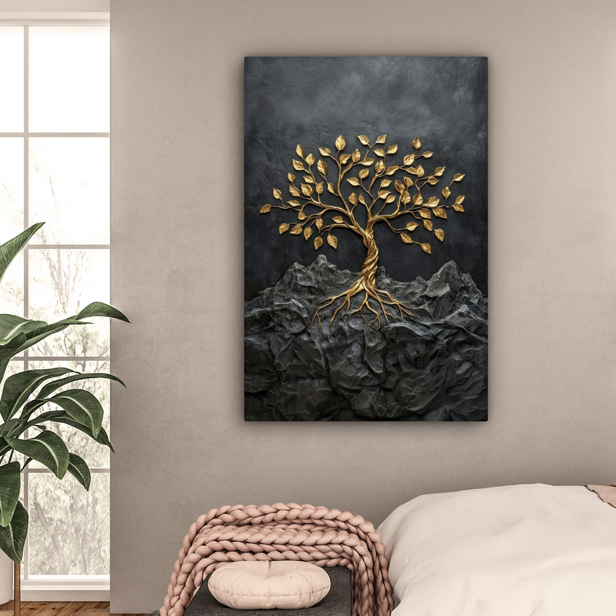 LEINWANDBILD Blätter - Gold - Baum - Fels Deko Groß 90x140 cm - Schwarz, Textil (90/140cm) - MuchoWow