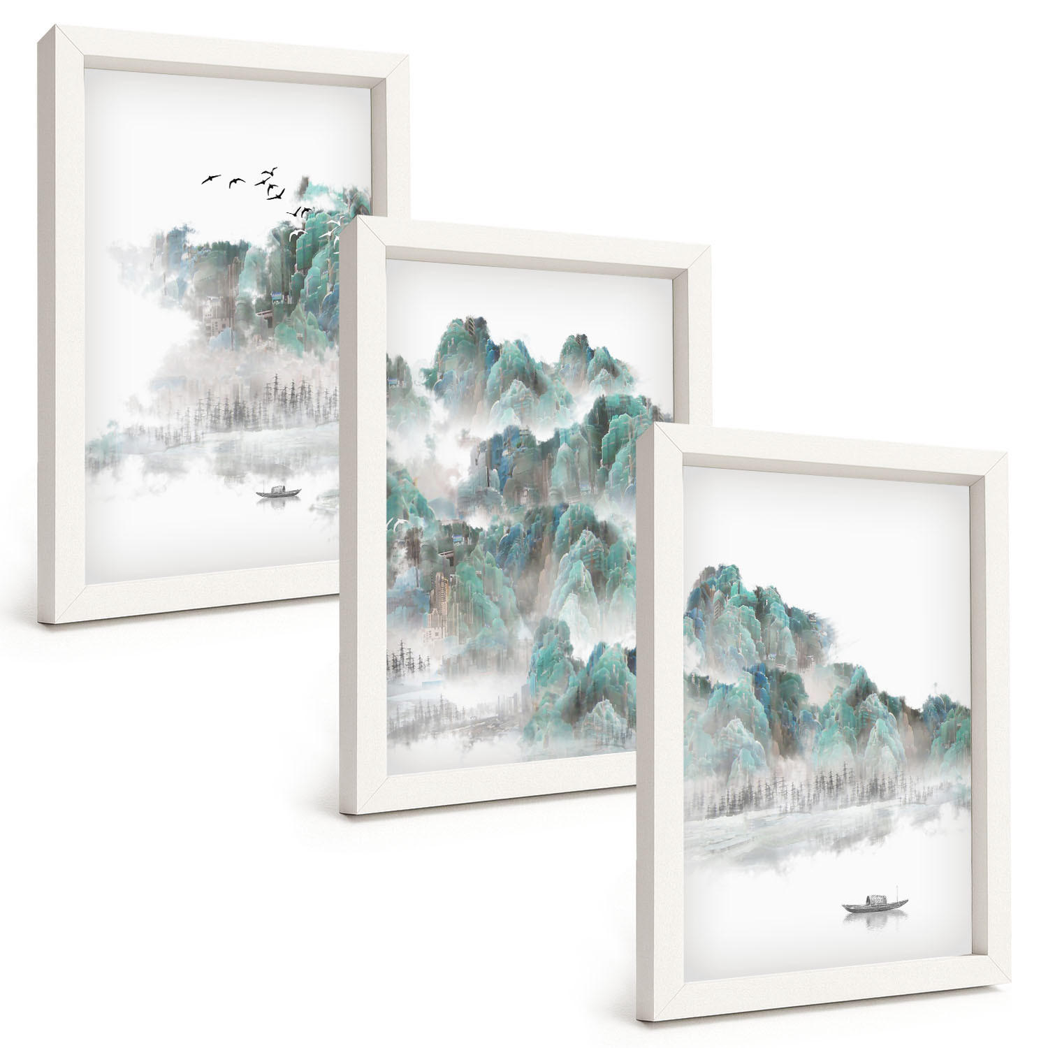 BILDER SET 3er Set - 20x30 cm Weißer Rahmen - Berge, Wolken, Vögel, Boot, Japandi - Weiß, Kunststoff (20/30cm) - TULUP