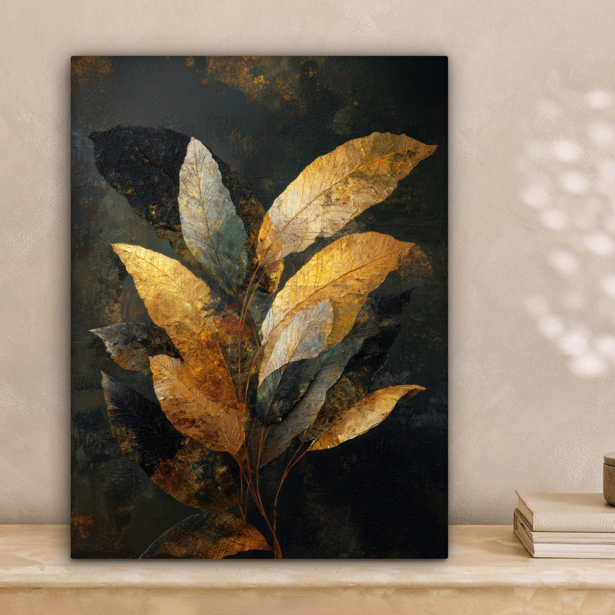 LEINWANDBILD Golden Leaf Komposition - Botanical Luxury Room Decor 30x40 cm - Goldfarben/Schwarz, Textil (30/40cm) - MuchoWow