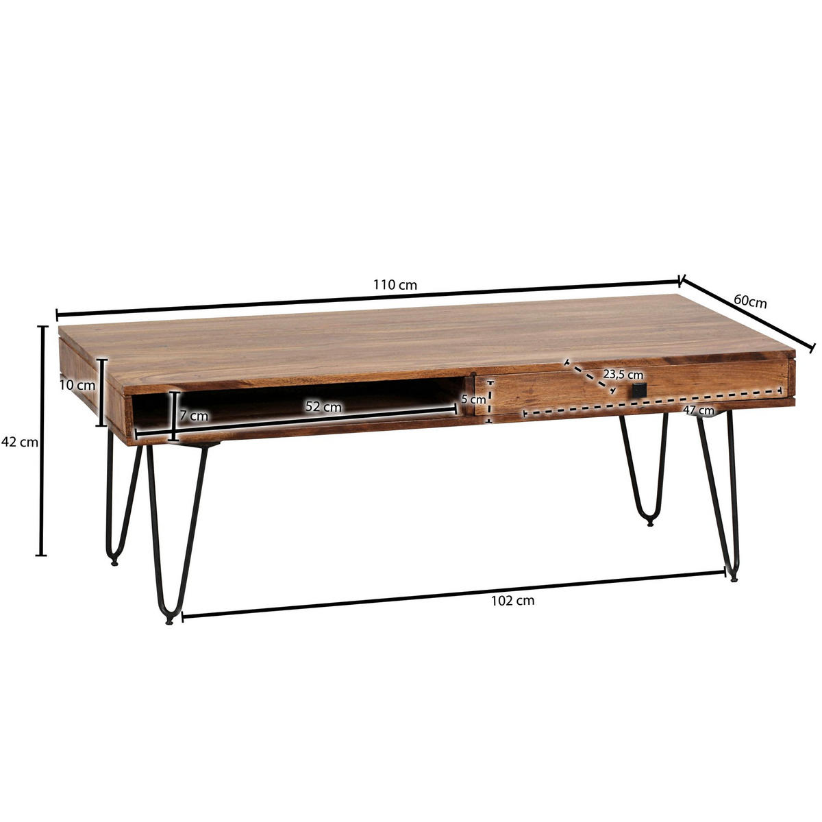 COUCHTISCH BALU mit Schubfächern aus Massivholz und Metallfüßen, leichter Aufbau, Braun 110x60x40 cm - Schwarz/Braun, Holz/Metall (60/110/40cm) - KADIMA DESIGN
