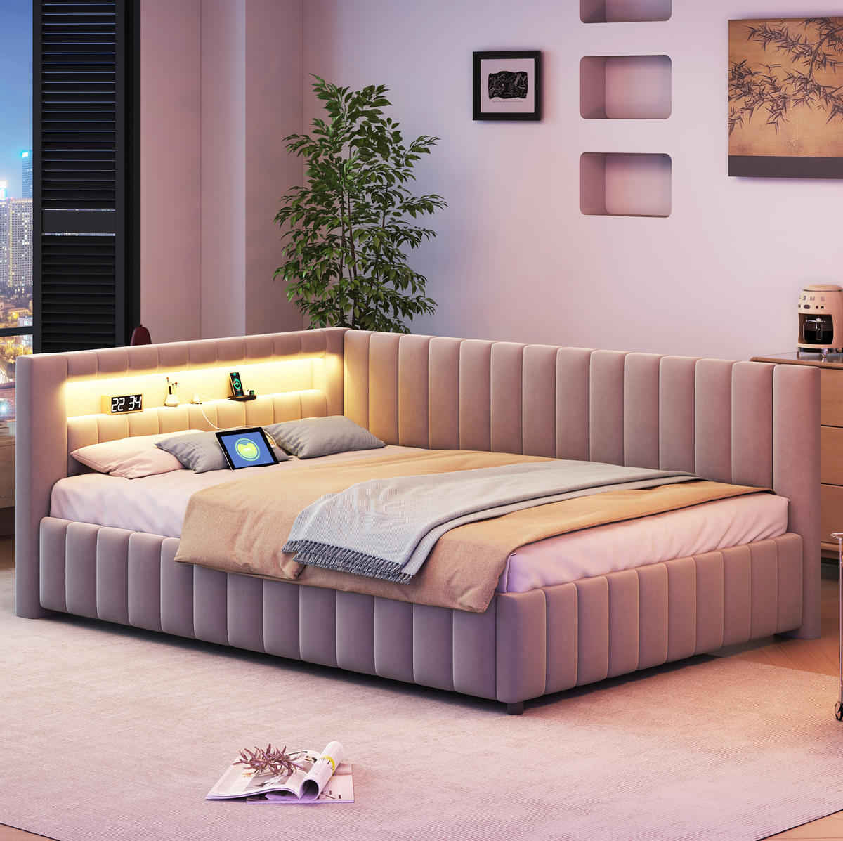 POLSTERBETT 140/200 cm aus Samt mit LED-Beleuchtung, USB-Anschluss und Rückenlehne, Grau - Grau, Textil (140/200cm) - Redom