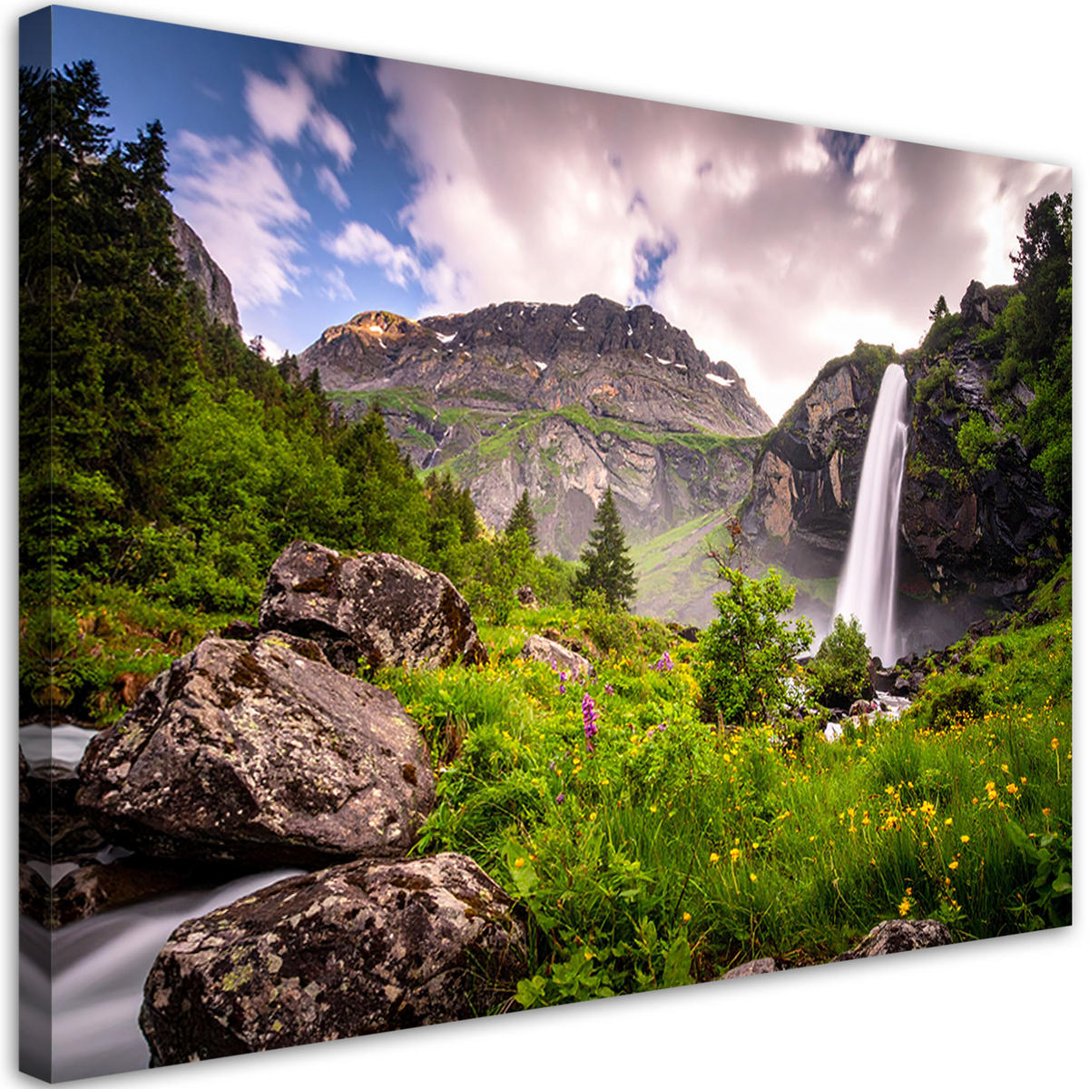 LEINWANDBILD Landschaft Wasserfall Berge Natur 90x60cm - Grün, Textil (90/60cm) - Feeby