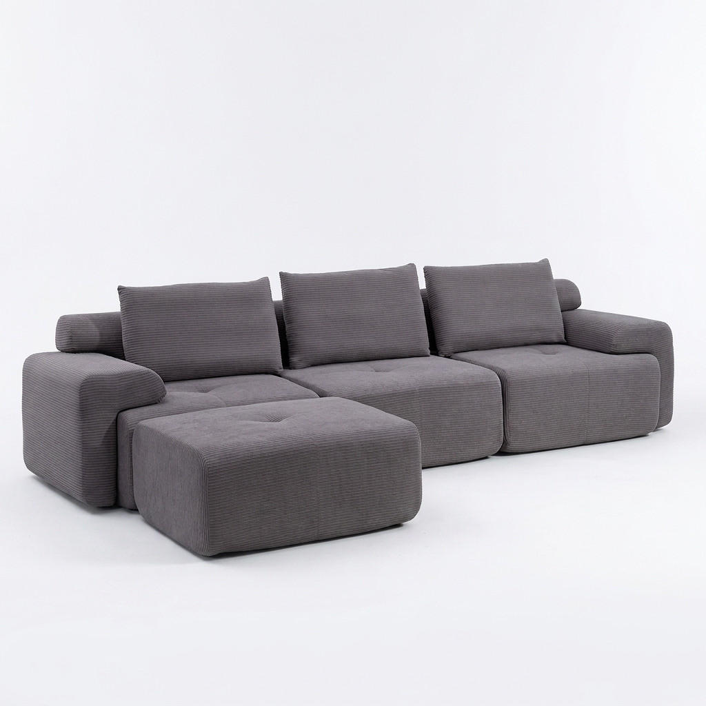 ECKSOFA 305/154/69 cm Dunkelgrau Cord mit 1 Fußhocker - Dunkelgrau, Textil (305/154cm) - Oxeza