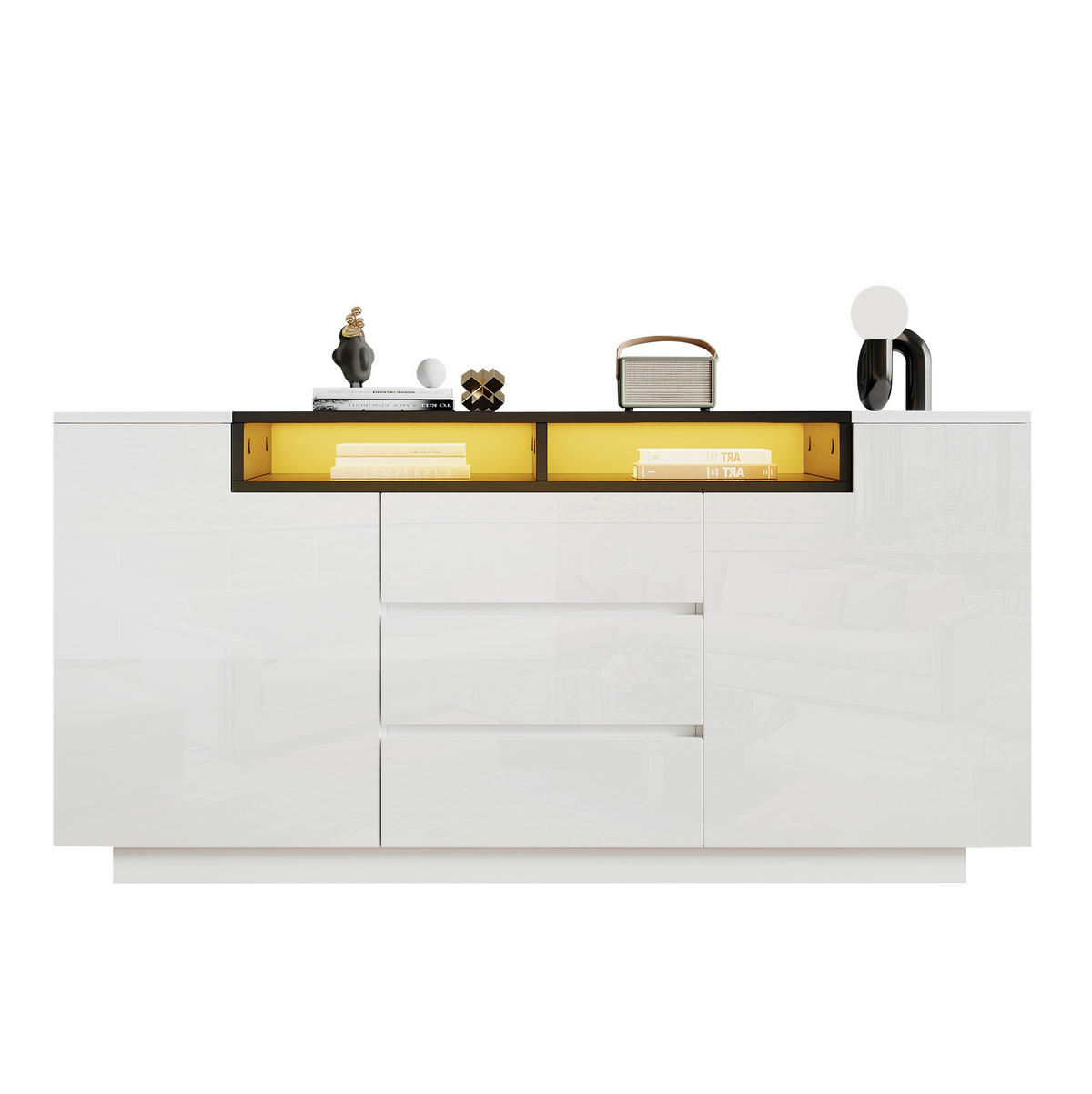 SIDEBOARD 140/40/68 cm mit LED-Beleuchtung, 2 Türen, 3 Schubladen, verstellbaren Einlegeböden und Hochglanzfront, Weiß/Schwarz - Weiß, Holzwerkstoff (140/68/40cm) - Redom