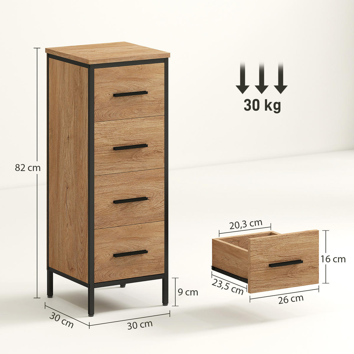 BADEZIMMERSCHRANK schmal Badschrank mit 4 Schubladen, Toilettenschrank Eiche - Eichefarben/Schwarz, Holzwerkstoff/Metall (30/82/30cm) - HOMCOM