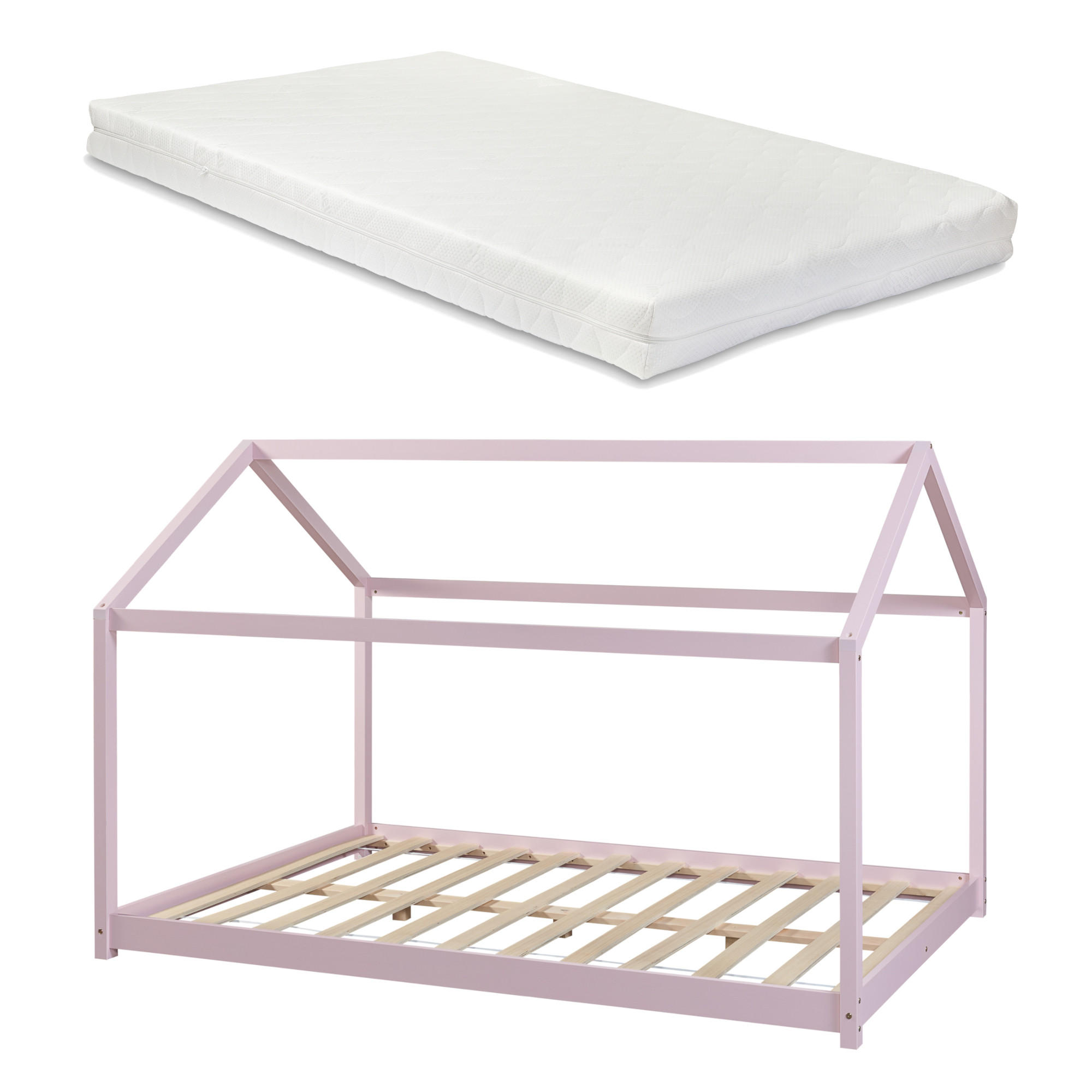 HAUSBETT Cerro mit Matratze - Rosa, Holz/Textil (120/200cm) - [en.casa]
