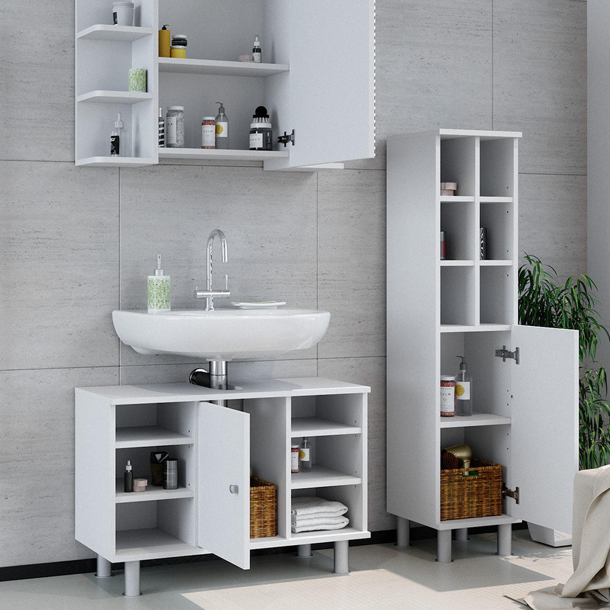 BADMÖBEL-SET Fynn Weiß 3 Teile, mit Midischrank Tür groß - Weiß, Holzwerkstoff (60/54/32cm) - Vicco