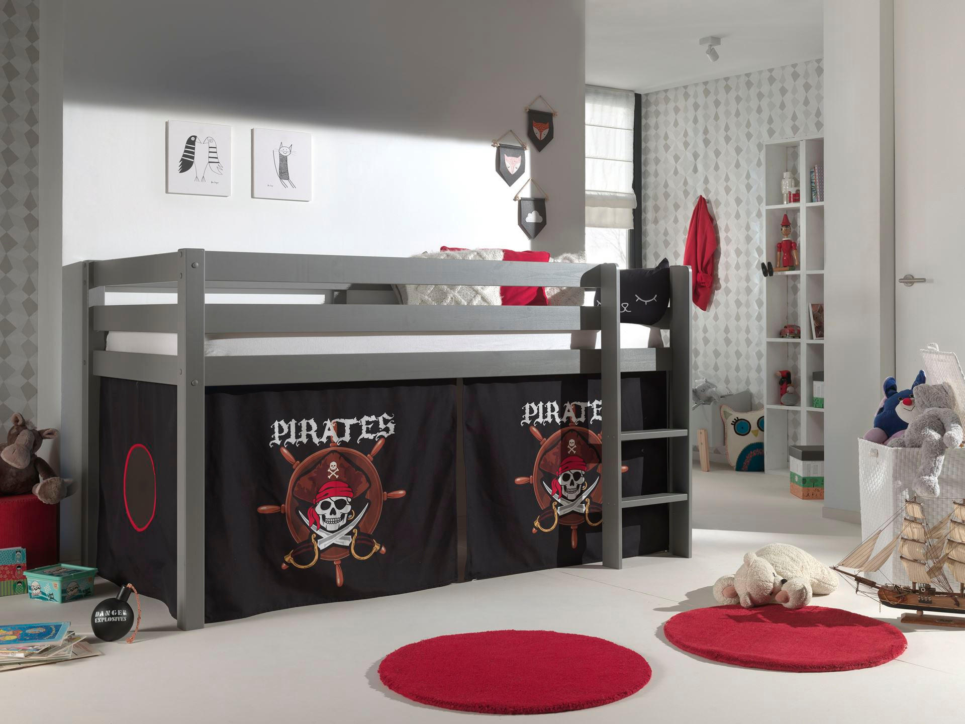 KINDERBETT Karolina 210x114x106 Massivholz Grau Textilset Pirate - Schwarz/Grau, Holz (90/200cm) - 58aufmkessel