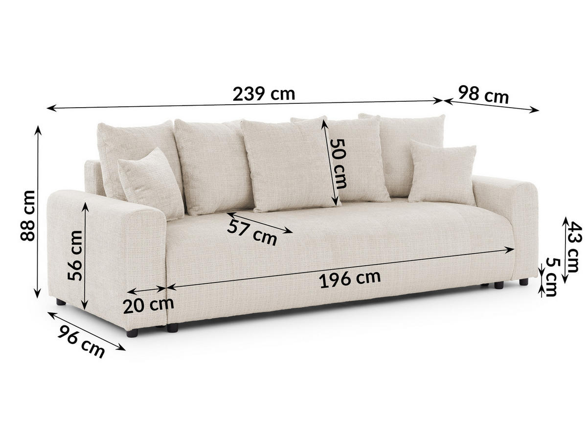SCHLAFSOFA Calma mit Bettkasten im Bumpy-Design aus weichem Beige Chenille-Stoff - Beige/Schwarz, Holz/Kunststoff (239/88/98cm) - S-Style Möbel
