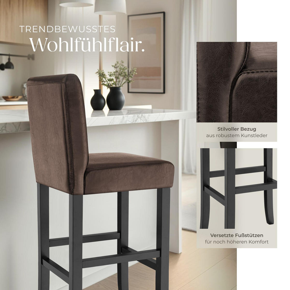 BARHOCKER 4er Set Kunstleder, Sitzhöhe 76 cm, antikbraun - Braun, Leder/Holz (40/107/41cm) - tectake