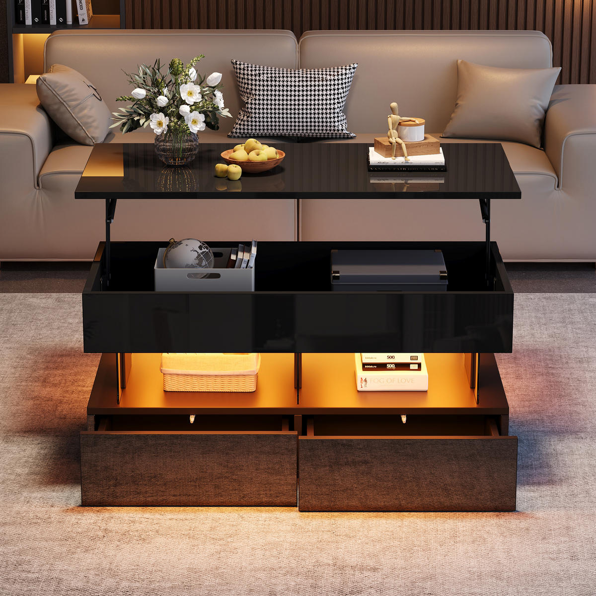 COUCHTISCH DE-37106 höhenverstellbar mit LED und 2 Schubladen Schwarz - Schwarz, Holzwerkstoff (100/50/46cm) - ComfortXL
