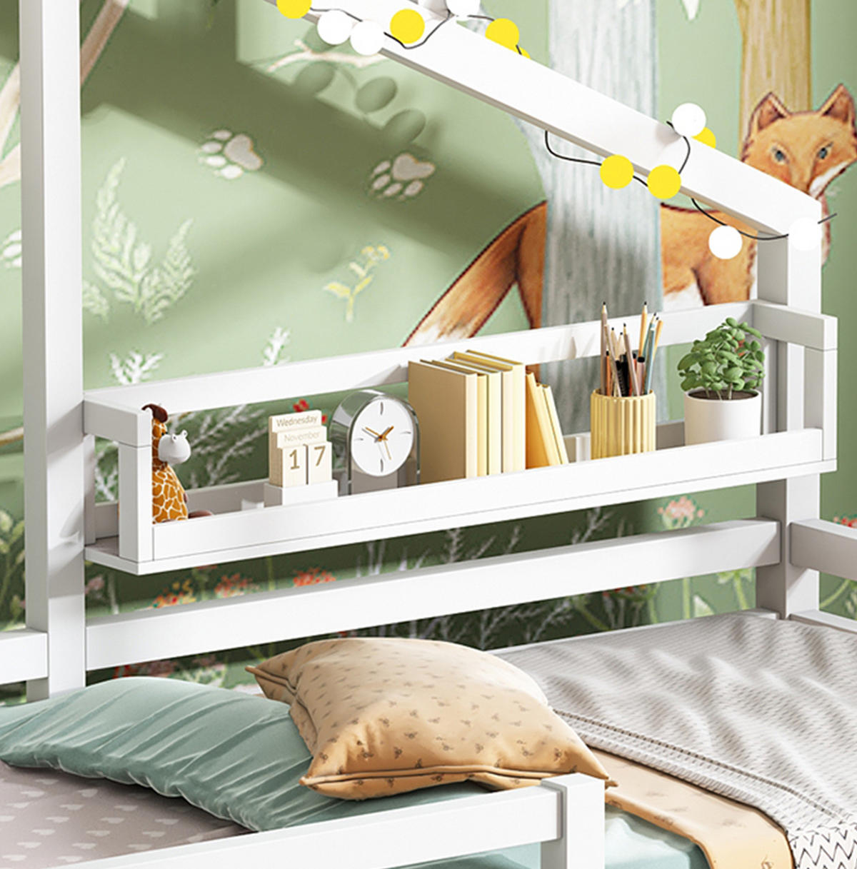 HAUSBETT 90/200 cm Weiß aus Kiefer mit Ablageregal und Sicherheitszaun - Weiß, Holzwerkstoff (90/200cm) - Flora Grace