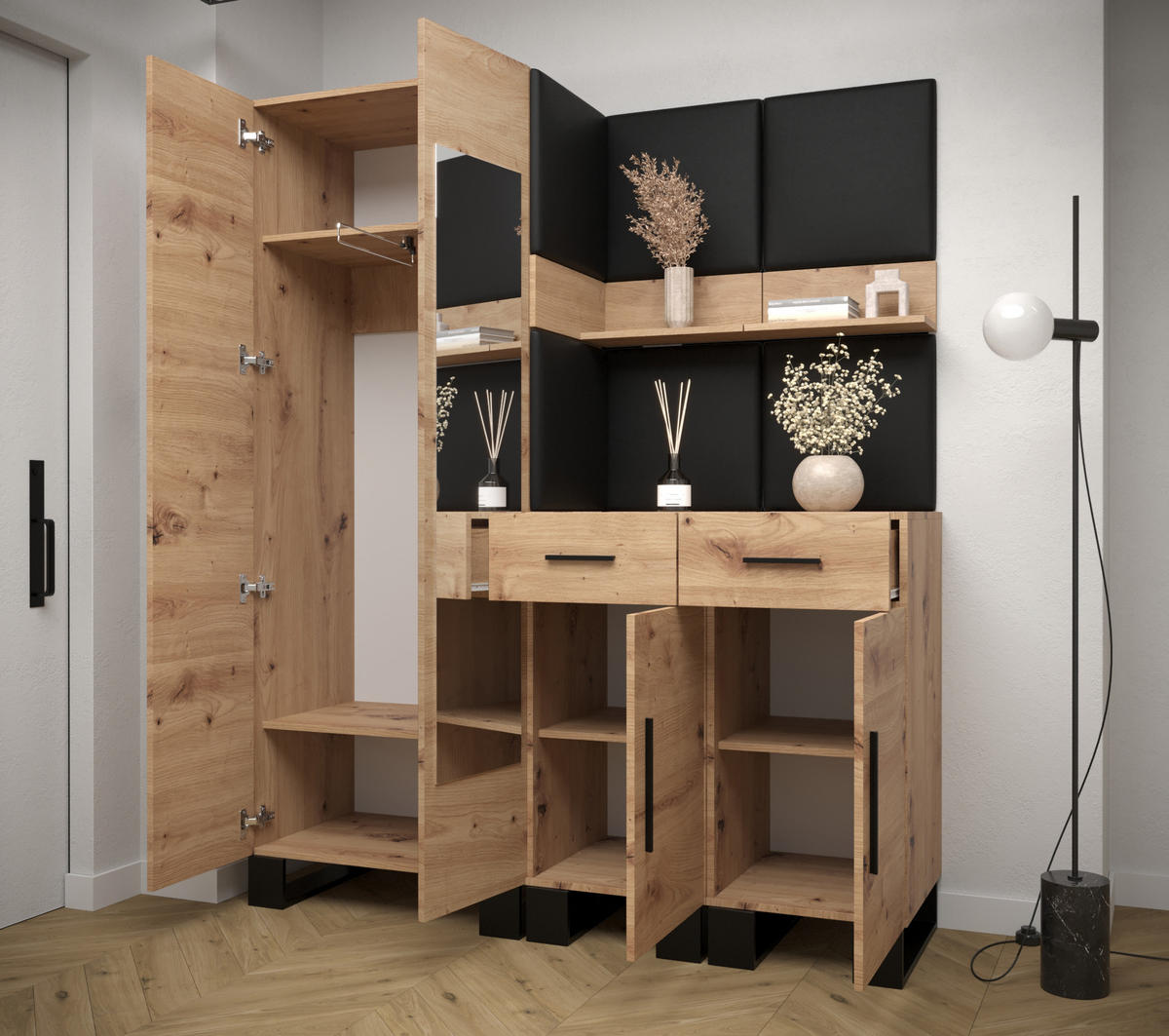 GARDEROBEN-SET 196/158/45,6 - Schwarz/Eiche Artisan, Holz/Kunststoff (158/196/45.6cm) - Abiks Möbel
