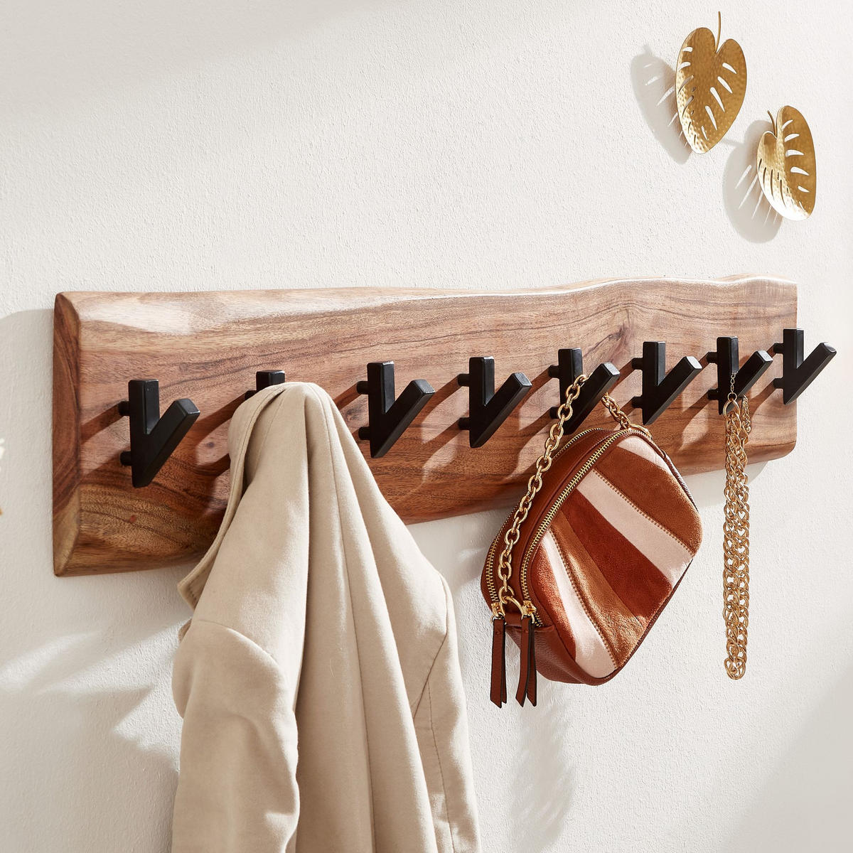WANDGARDEROBE Massivholz Metall Modern mit Baumkante und 8 Haken - Beige, Holz (90/19/9cm) - KADIMA DESIGN