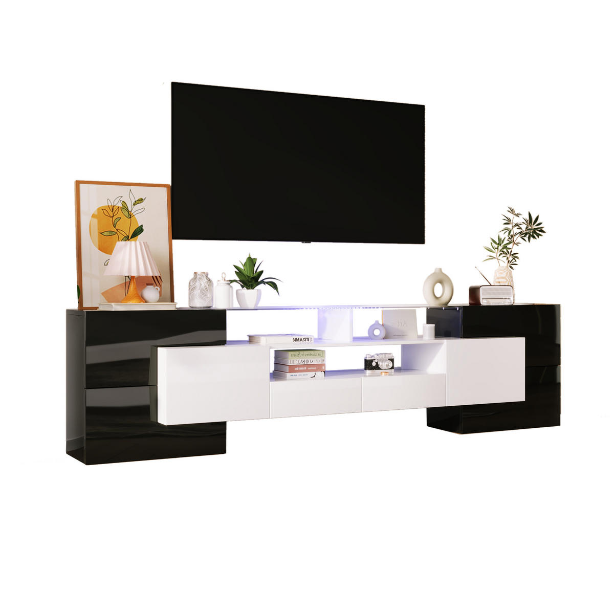 TV-LOWBOARD 200 cm Hochglanz LED weiß schwarz - Schwarz, Holzwerkstoff (200/60/30cm) - Fortuna Lai