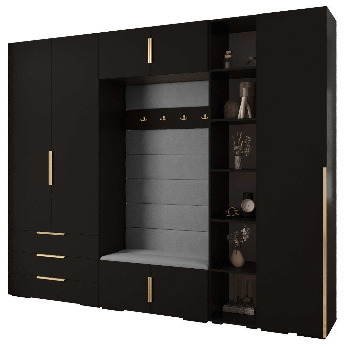 Abiks Möbel Garderoben-Set Schwarz, Grau, Gold 290x236.7x47 cm