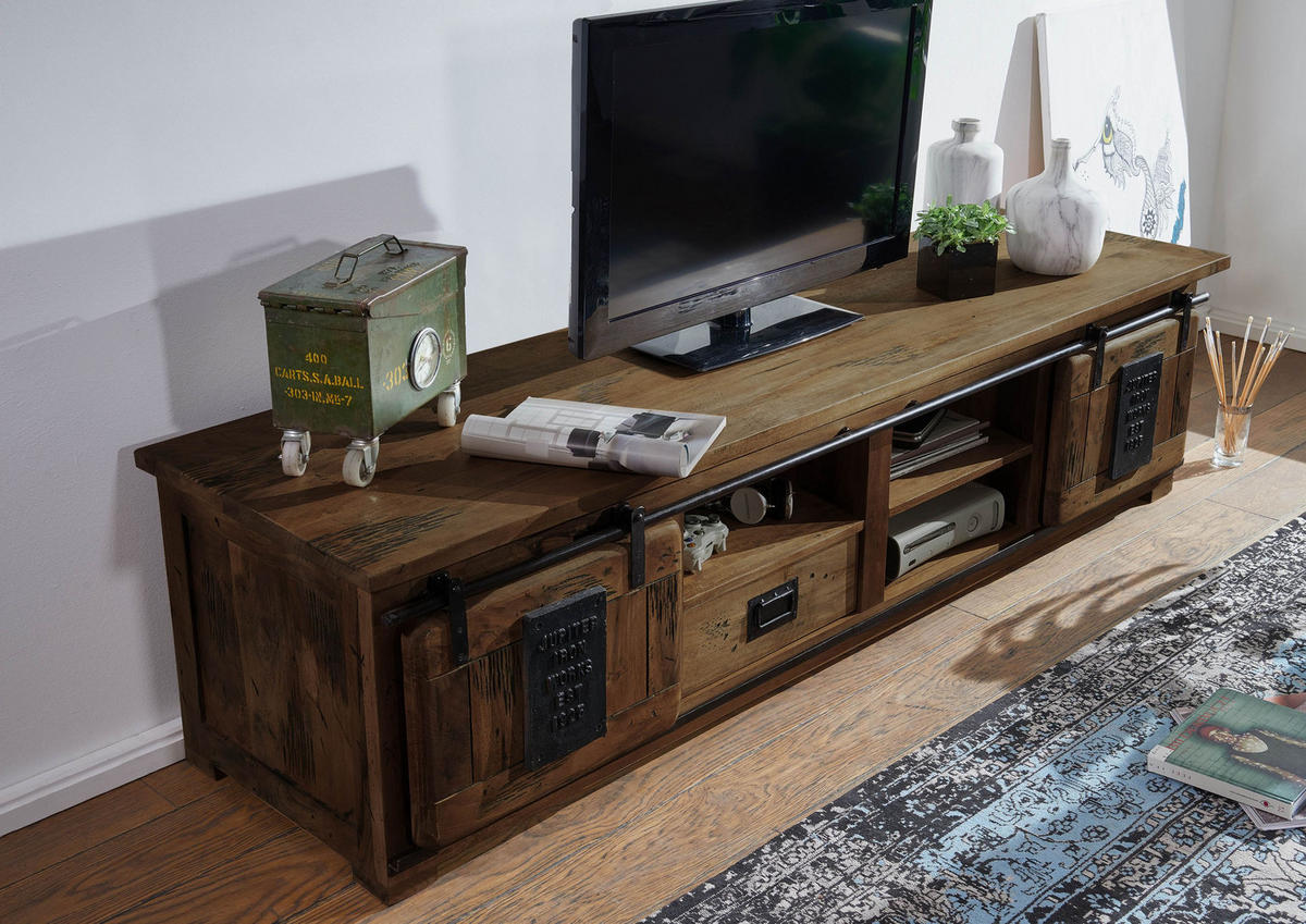 TV-BOARD Mango 200x55x50 braun lackiert RAILWAY #451 - Braun, Holz (200/50/55cm) - Massivmoebel24