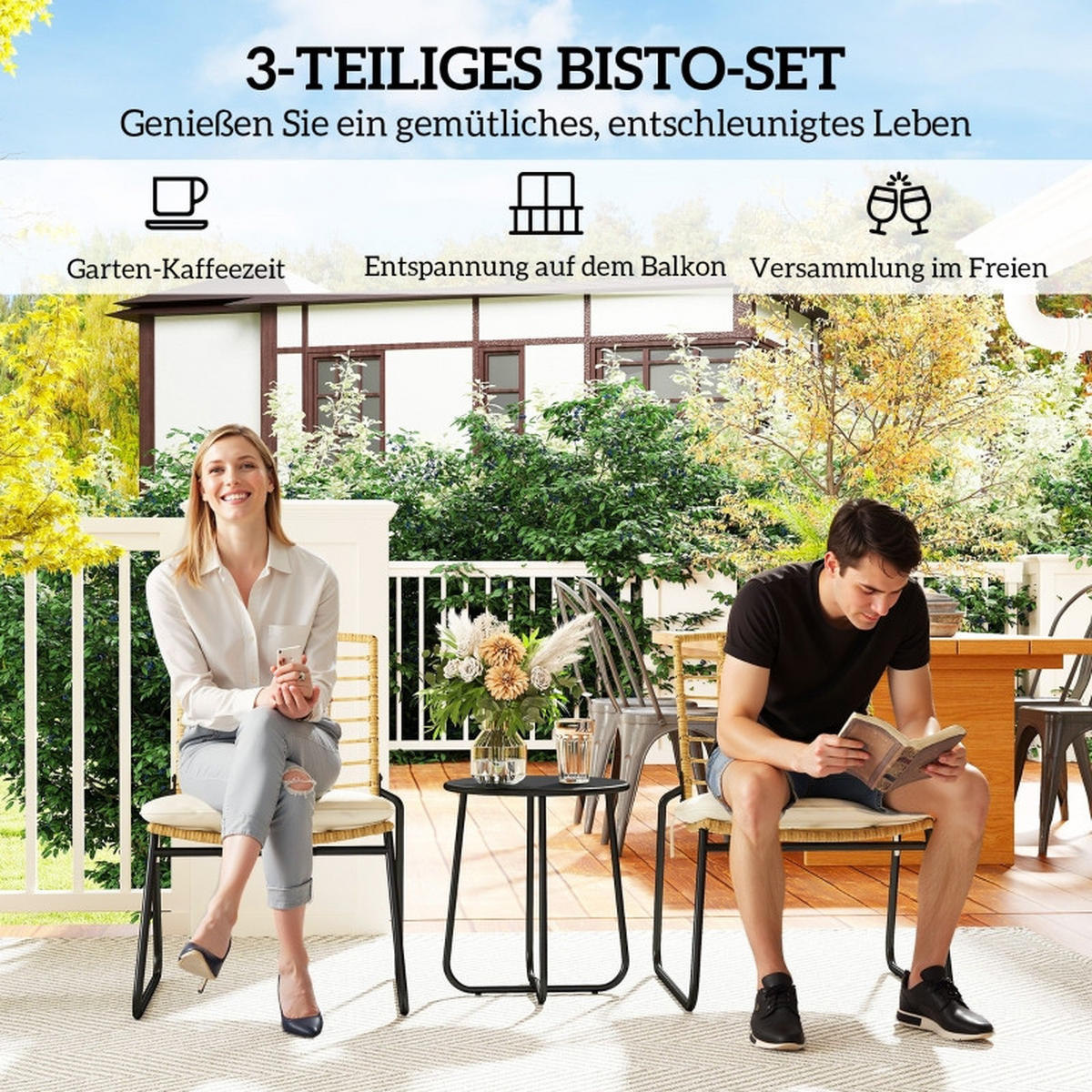 BALKONSET 3-teilig,40×40×46cm Polyrattan mit Kissen und Tisch - Beige, Naturmaterialien - Modfu