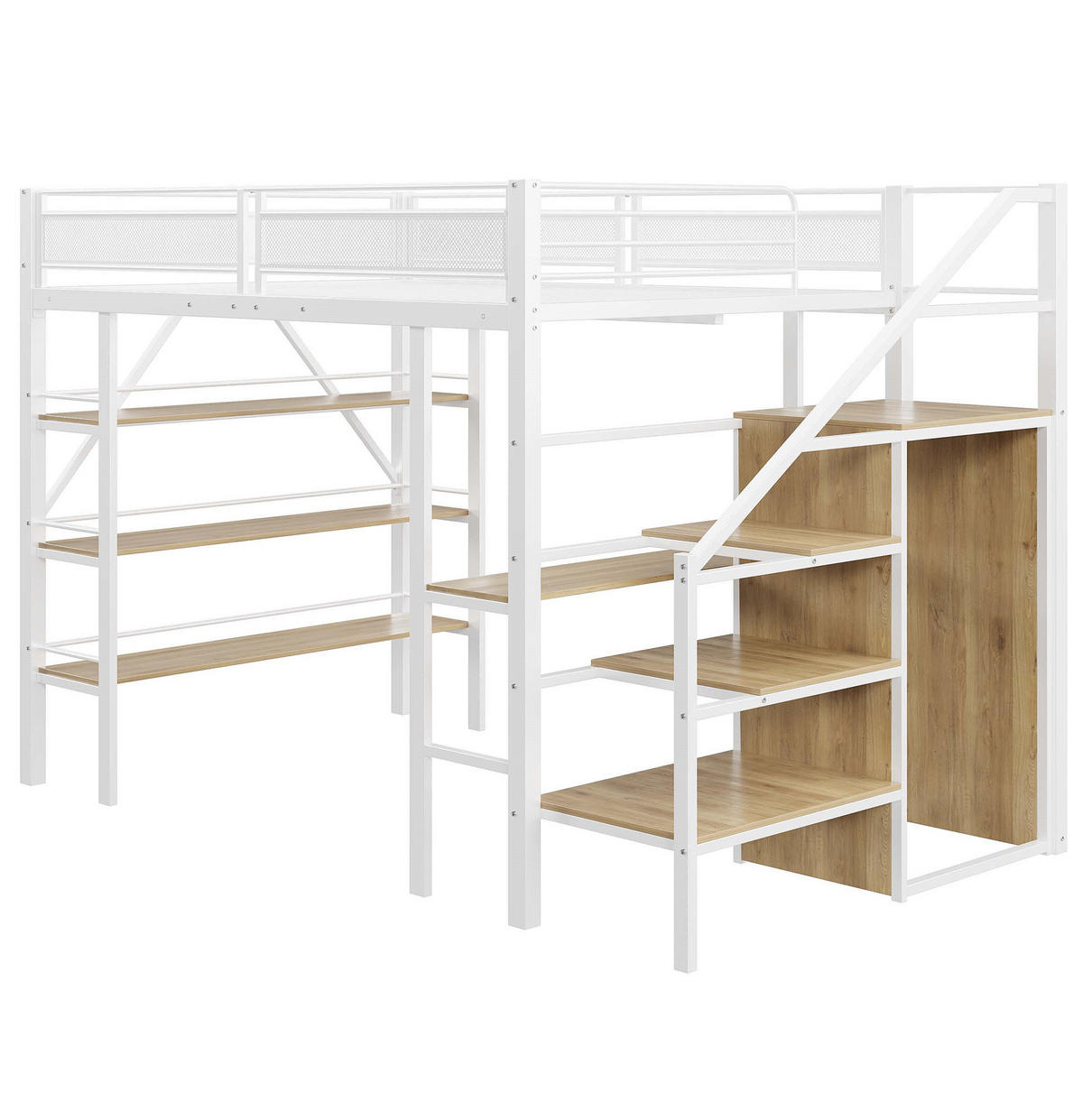 HOCHBETT 140/200 cm in Weiß mit Schreibtisch, Regal, Kleiderschrank und Treppe - Weiß, Metall (140/200cm) - Flora Grace