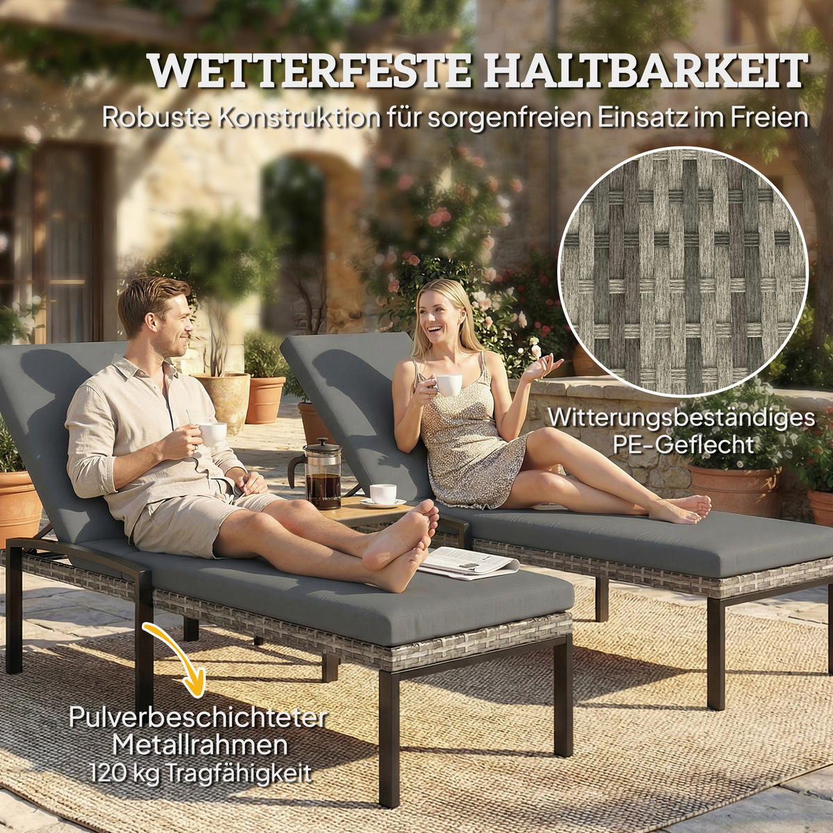 SONNENLIEGEN 2er Set DE-06766 5-fach verstellbar Hellgrau - Hellgrau, Kunststoff/Metall (59/45/200cm) - ComfortXL