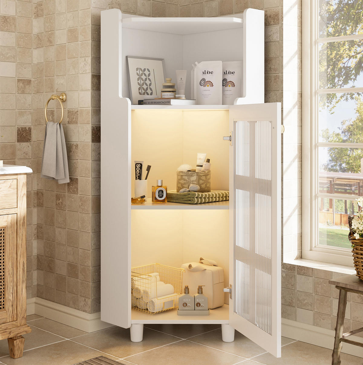 LED-ECKSCHRANK 63.5x16.5x124 cm Weiß aus Spritzglas mit App-LED & 2-in-1 Stauraum - Weiß, Holzwerkstoff (63.5/124/16.5cm) - Modfu