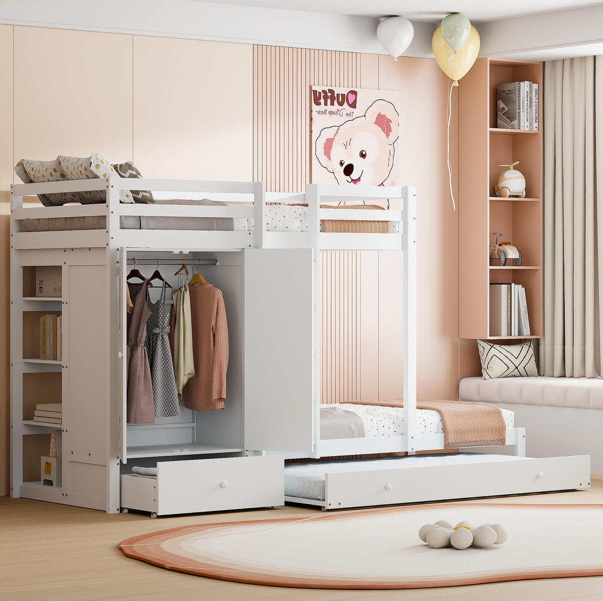 ETAGENBETT aus Holz 90x200 cm Weiß mit Ausziehbett, Kleiderschrank und Schubladen - Weiß, Holz (90/200cm) - IVMEU