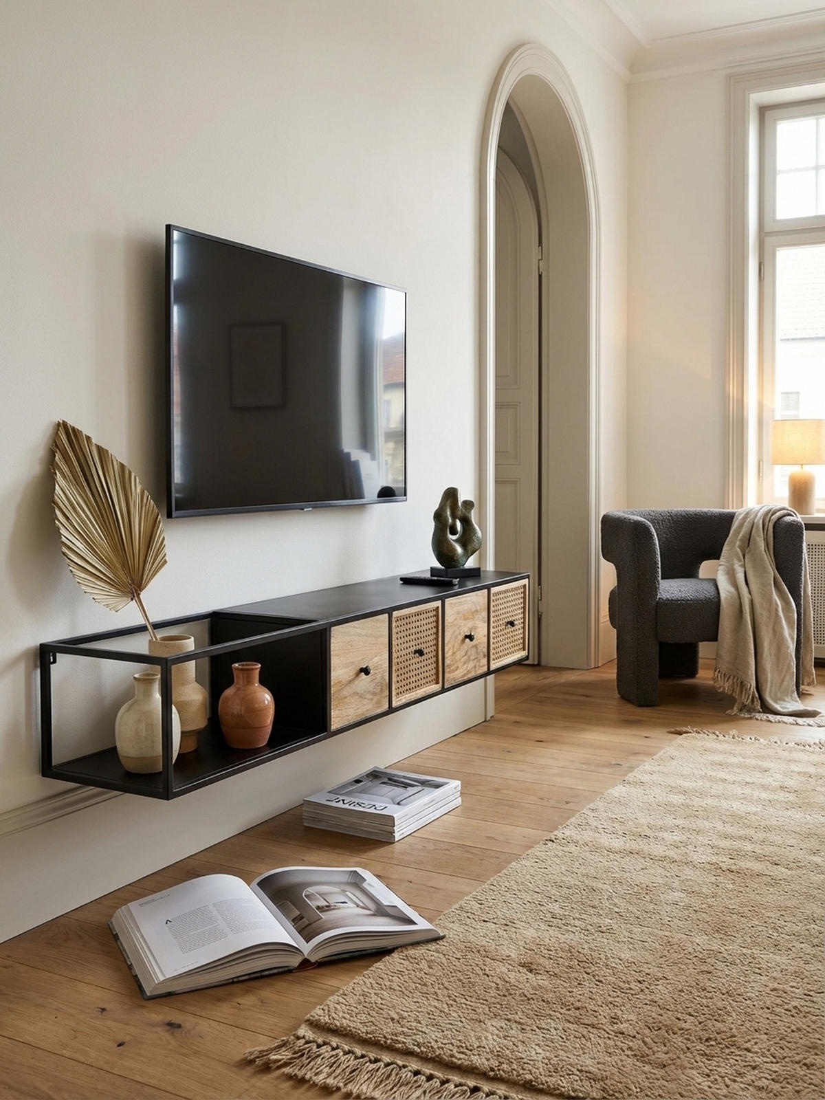 LOWBOARD Hängend Mango Massivholz Metall Modern Stil mit Schubladen und Rattan-Fronten - Schwarz, Holz/Metall (150/25/35cm) - KADIMA DESIGN