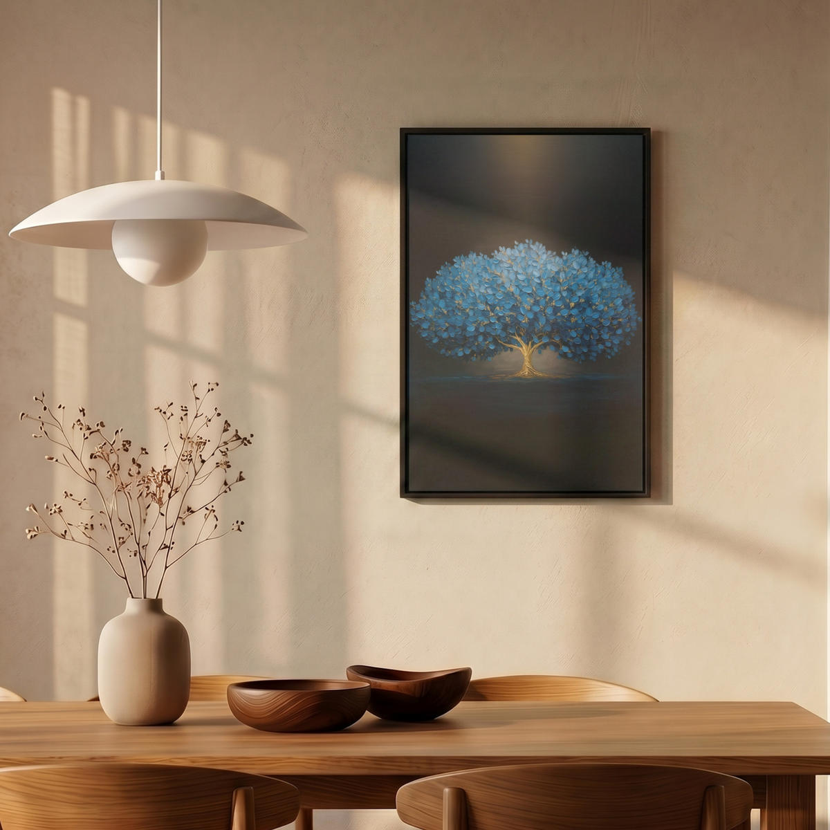 LEINWAND Bilder mit Rahmen - Baum - Blau - Blätter - Pinselstriche - 40x60 - Blau, Textil (40/60cm) - MuchoWow