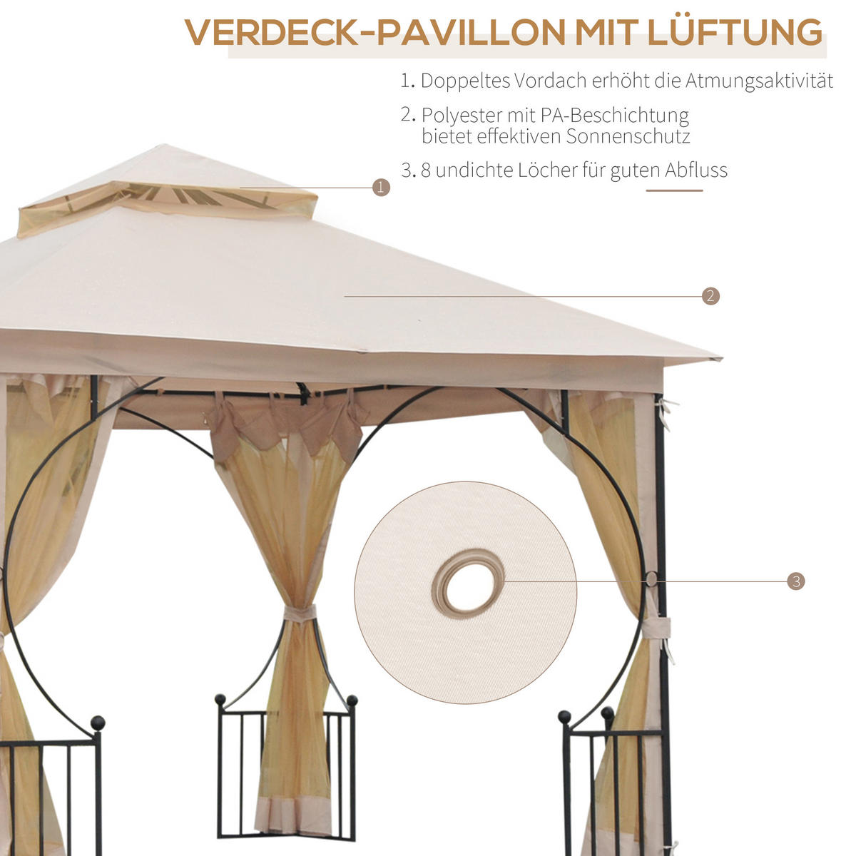 PAVILLON, Beige+Schwarz, Metall, Polyester, Moskitonetz - Beige, Metall (295/275/295cm) - Outsunny