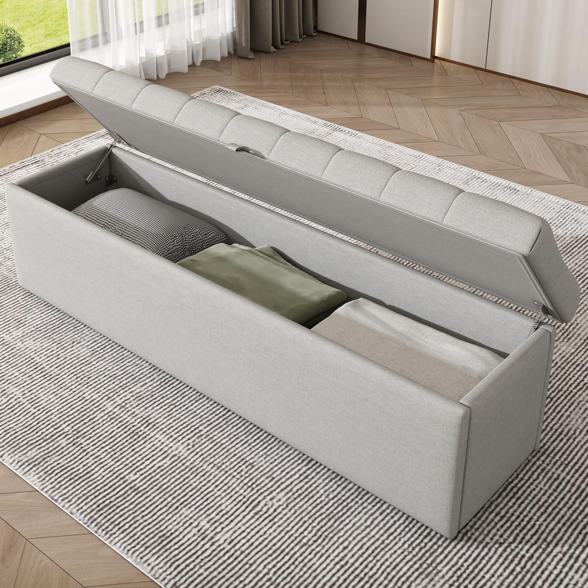 POLSTERBANK 141/41,5/47 cm mit Stauraum aus Leinen im eleganten Design, Hellgrau - Grau, Textil - Redom