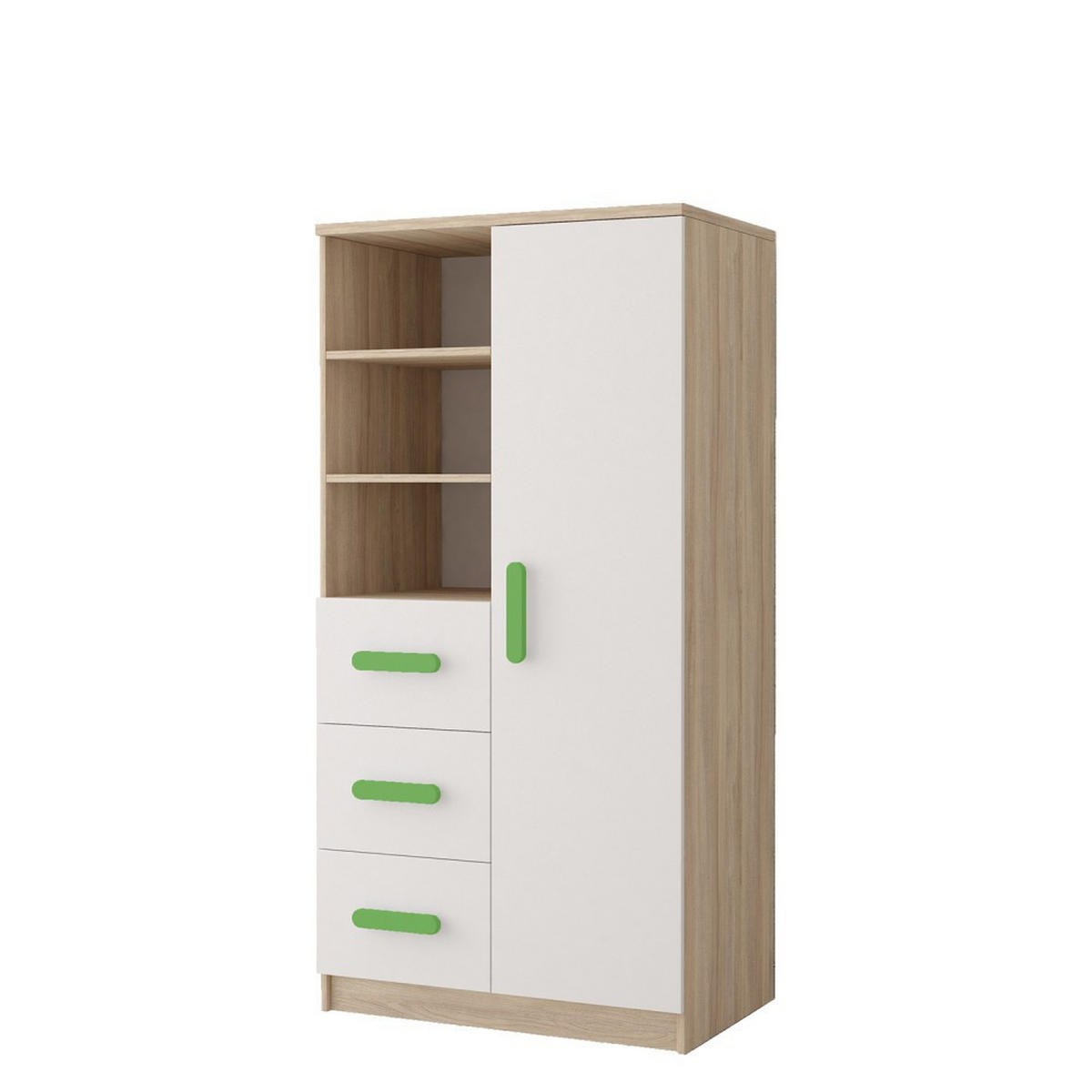 REGAL 80/159/40 cm Jonas III 3S1D 05 Sonoma/Weiß + grüne Griffe - Weiß/Grün, Holz/Holzwerkstoff (80/160/40cm) - imoebel24