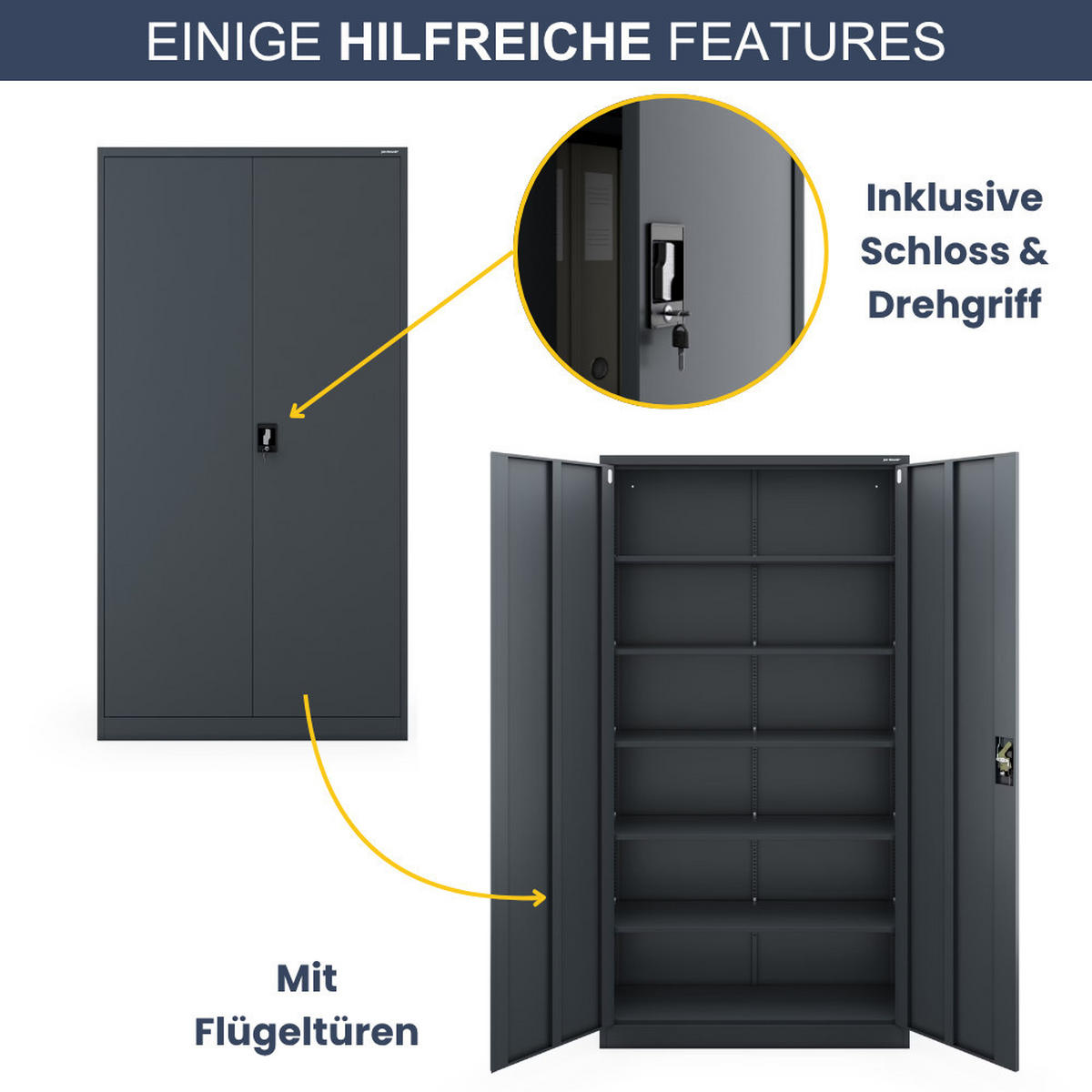 AKTENSCHRANK abschließbar KADO Flügeltüren 220x115x40cm Anthrazit - Anthrazit, Metall (115/220/40cm) - DELUKE