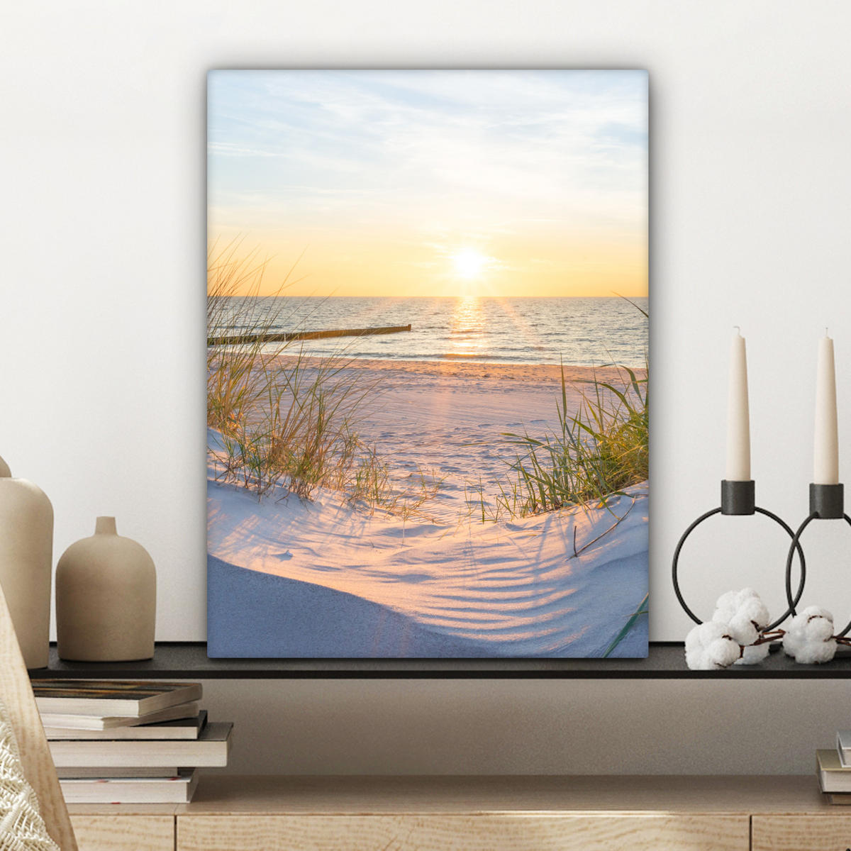 LEINWANDBILD Strand - Sonne - Düne - Gras - Sand - Horizont Room Decor 30x40 cm - Hellblau, Textil (30/40cm) - MuchoWow