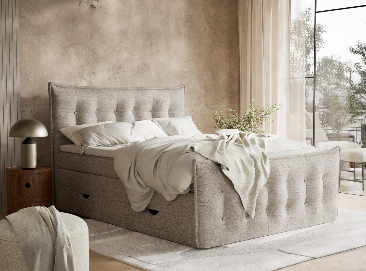 BOXSPRINGBETT Fatu 200/200 cm, in Hellbraun, Bettkasten, Matratze, Topper - Hellbraun/Schwarz, Holz/Holzwerkstoff (200/200cm) - Maison de Reve