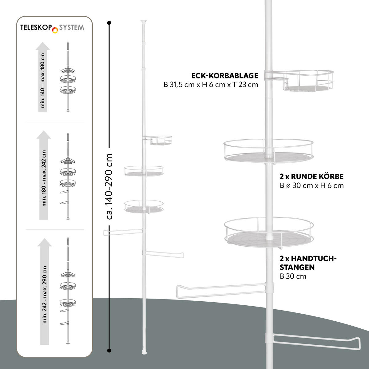 TELESKOP-KÜCHENREGAL, ausziehbar bis max. 290 cm, Metall, weiß - Weiß, Metall (31.5/290/31.5cm) - bremermann