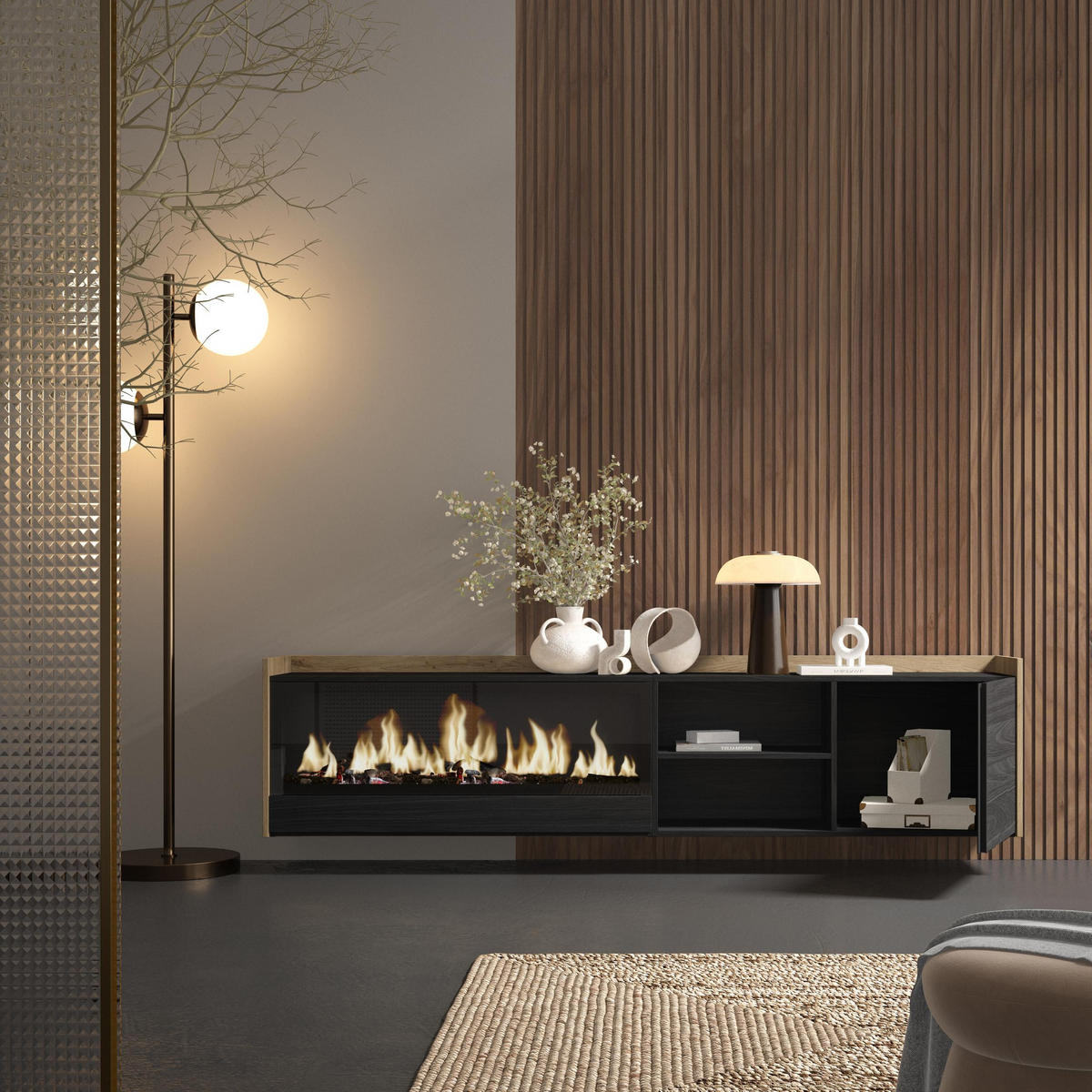 LOWBOARD, Schwarz und Eiche, 212/35/50cm, Kamin mit Feuereffekt XXL - Schwarz, Holzwerkstoff (212/50/35cm) - Skraut Home
