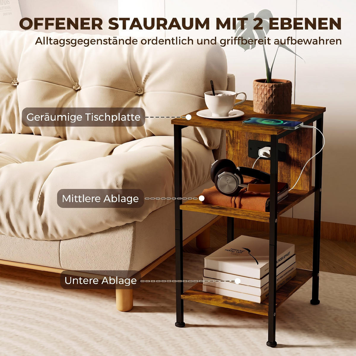 BEISTELLTISCH Spanplatte Stahl Rustikal-Braun - Schwarz/Braun, Holzwerkstoff/Metall (34/30/58cm) - HOMCOM