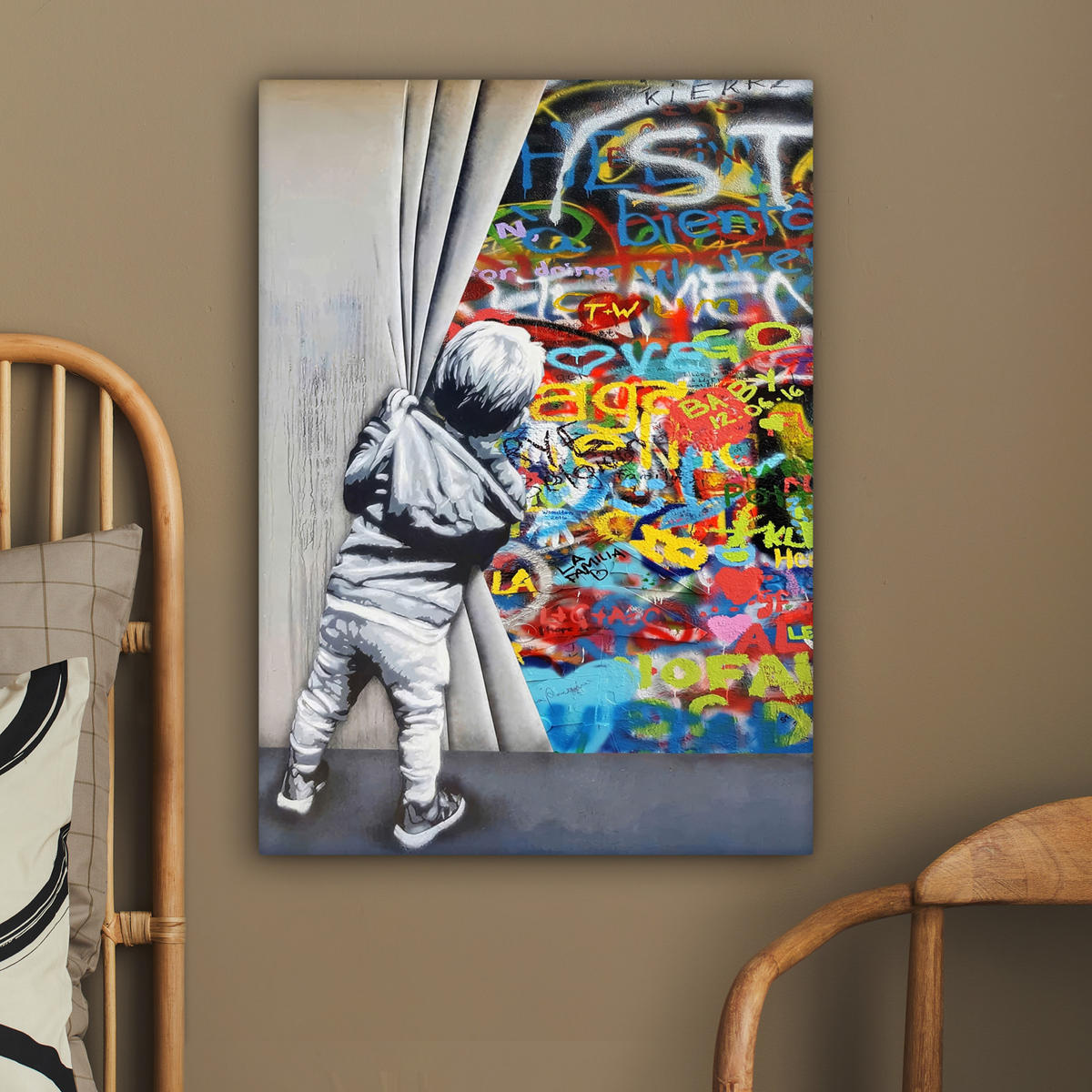 LEINWANDBILD Graffiti - Junge - Ilussie - Straßenkunst 60x80 cm - Hellgrau, Textil (60/80cm) - MuchoWow