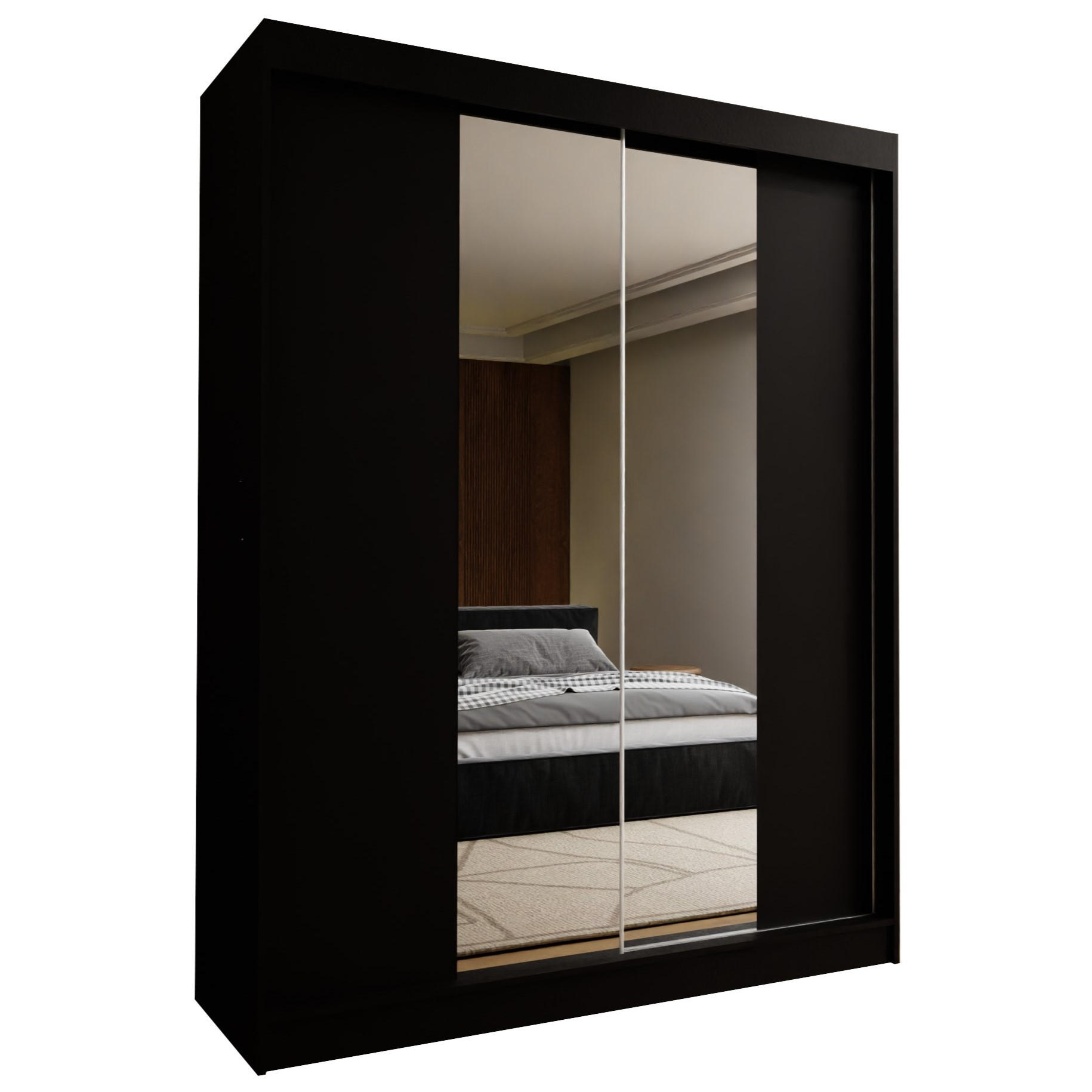 SCHWEBETÜRENSCHRANK LUCENZA 150/216/61 cm 2-türig mit Spiegel Schwarz - Schwarz, Holzwerkstoff (150/216/61cm) - MASSENO