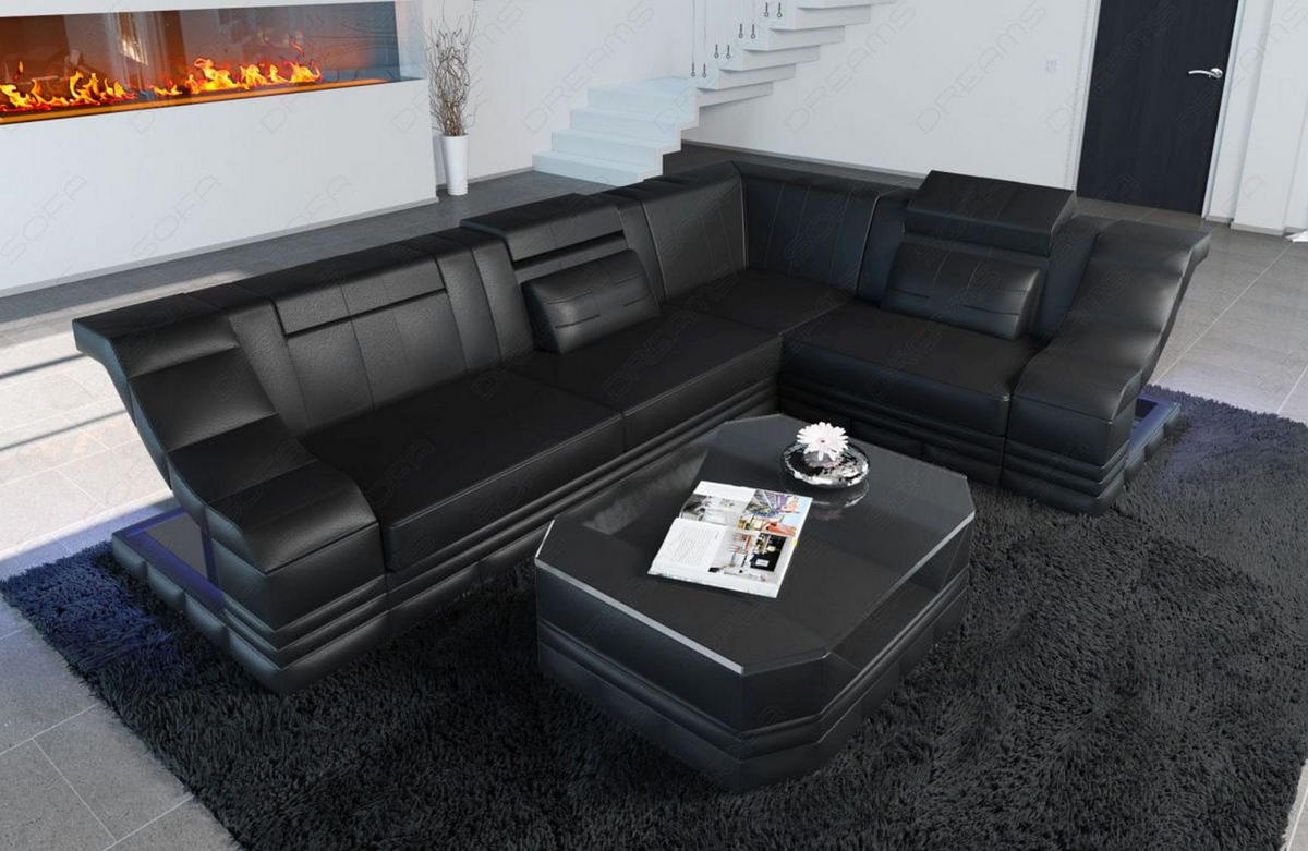 COUCH Bianchi Schwarz Büffelleder - Schwarz, Leder (271/196cm)