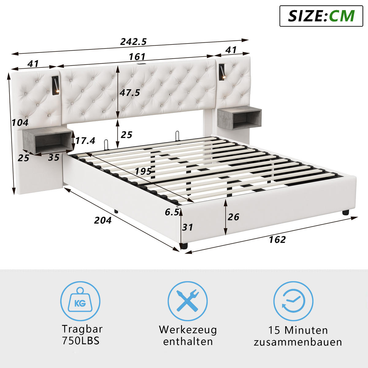 POLSTERBETT 160x200 cm, Beige, USB und Leselampe - Beige, Textil/Metall (160/200cm)