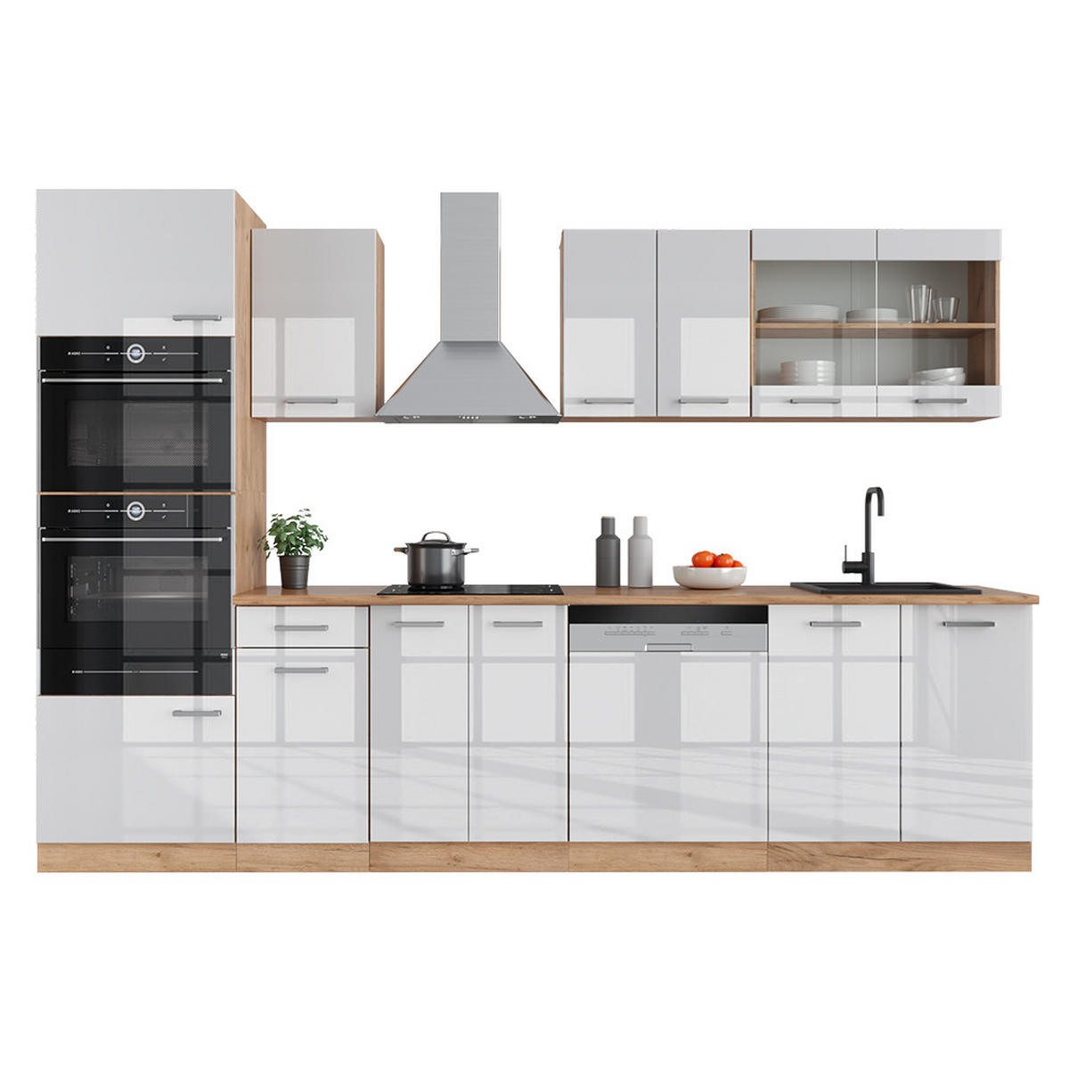 KÜCHENZEILE R-Line Weiß Hochglanz/Goldkraft Eiche 300 cm mit Hochschrank ohne AP - Weiß Hochglanz/Eiche Wotan, Holzwerkstoff (300/81.6/46cm) - Vicco
