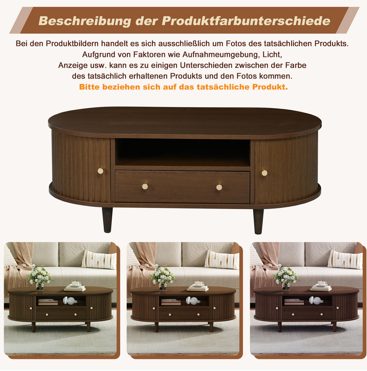 COUCHTISCH aus MDF 100x50x36 cm Walnussholz mit Schublade, offenen Fächern und Rolltür - Walnussfarben, Holzwerkstoff (100/50/36cm) - IVMEU