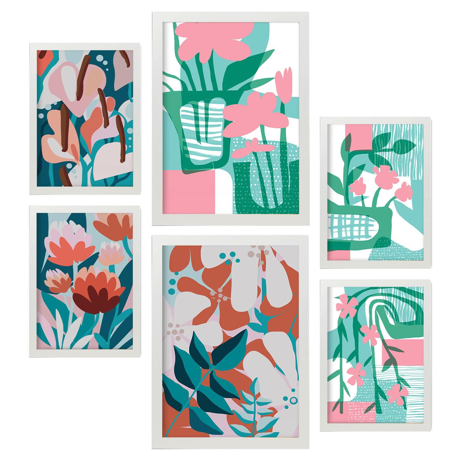 POSTER Set Mit 6 Pinkes Grün In Blume Zusammenfassung Ästhetische Dekorative Gemälde Für Ihr Wohnzimmer, Schlafzimmer, Zuhause A3 & A4 Weißer Rahmen - Weiß, Papier (29/3cm) - Nacnic