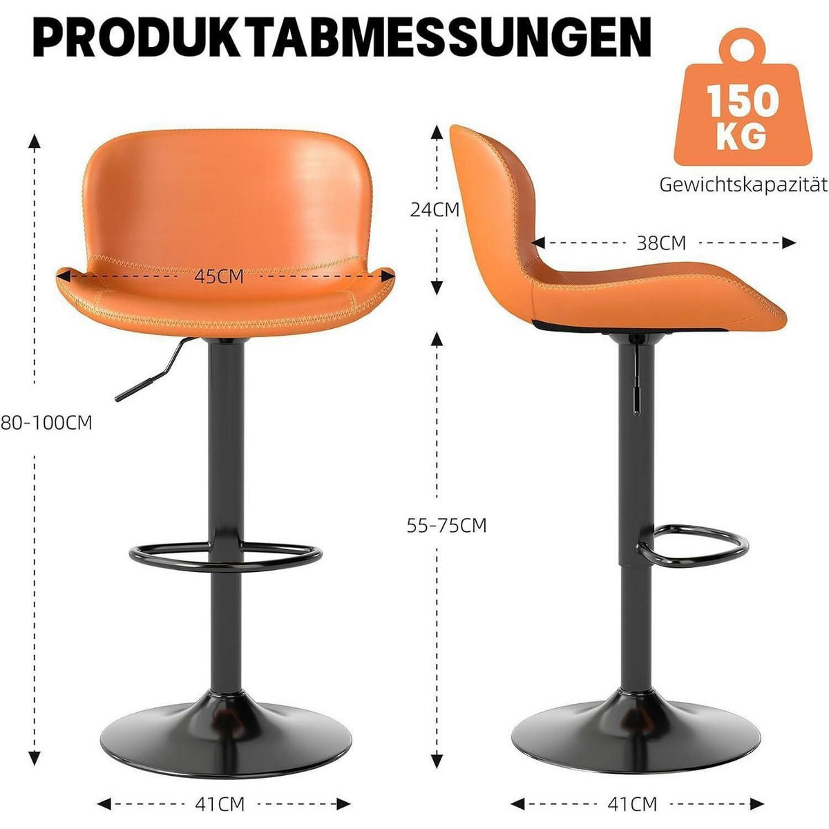 BARHOCKER 4er Set Höhenverstellbar Kunstleder Orange - Orange, Kunststoff (45/100/38cm)