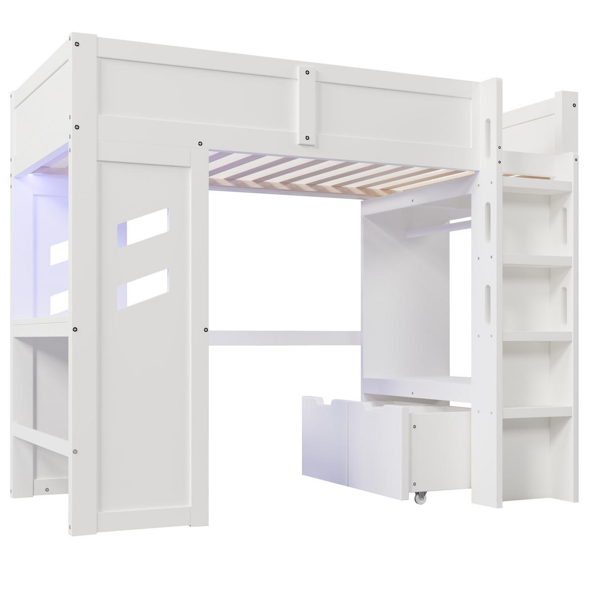 HOCHBETT 90/200 cm weiß mit Schreibtisch und LED-Beleuchtung mit Matratze - Weiß, Holzwerkstoff (90/200cm) - OKWISH