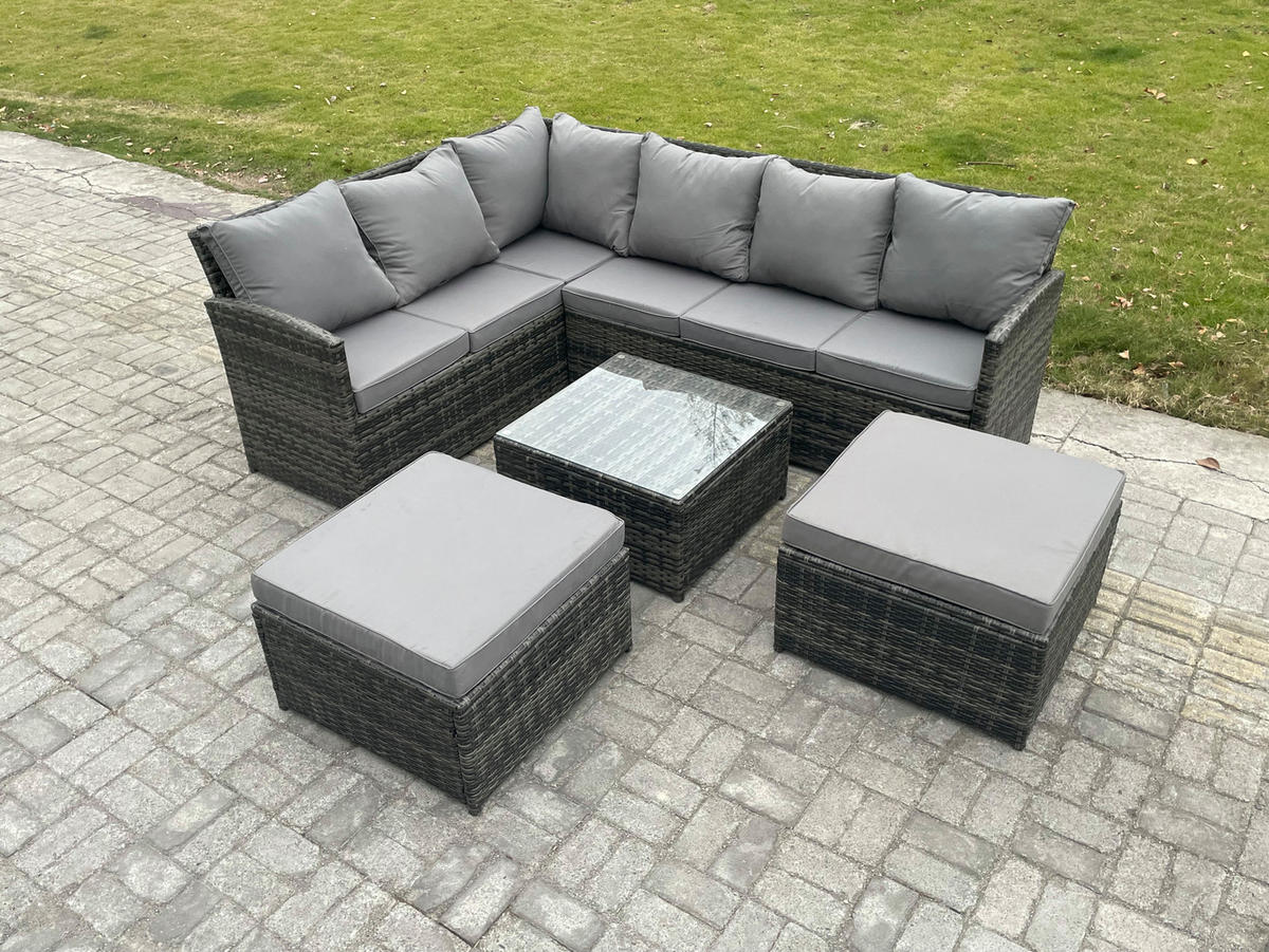 GARTENGARNITUR mit Ecksof,Couchtisch,2 Fußhocker Polyrattan Dunkelgrau 8-Sitzer - Dunkelgrau/Grau, Glas/Kunststoff - Fimous