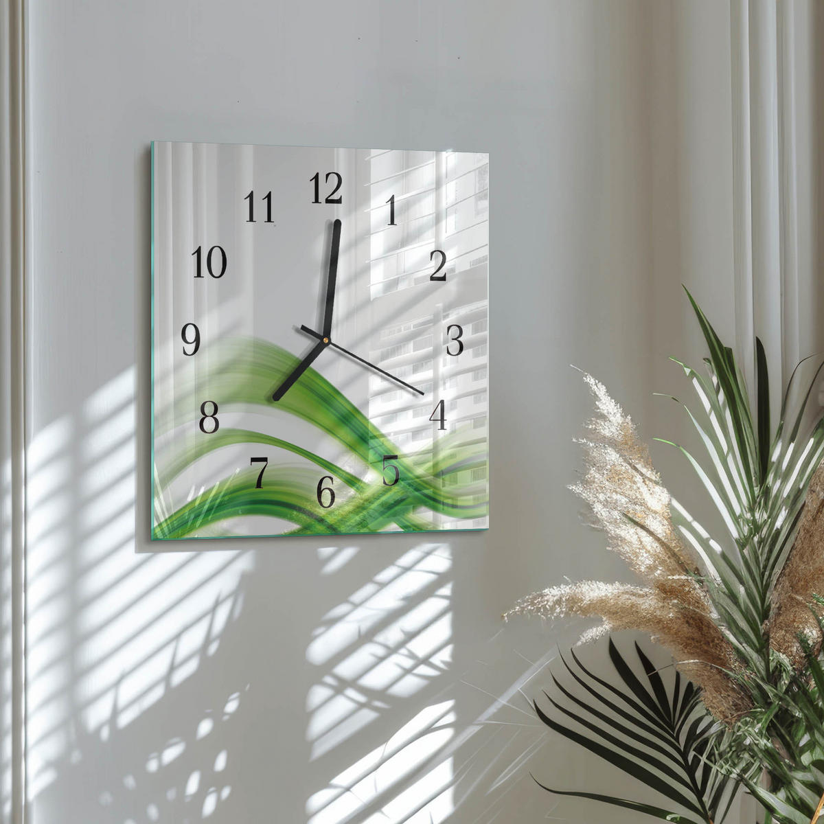 WANDUHR 30x30 cm - Abstrakte Welle - Grün, Glas (30/30/0.4cm) - TULUP