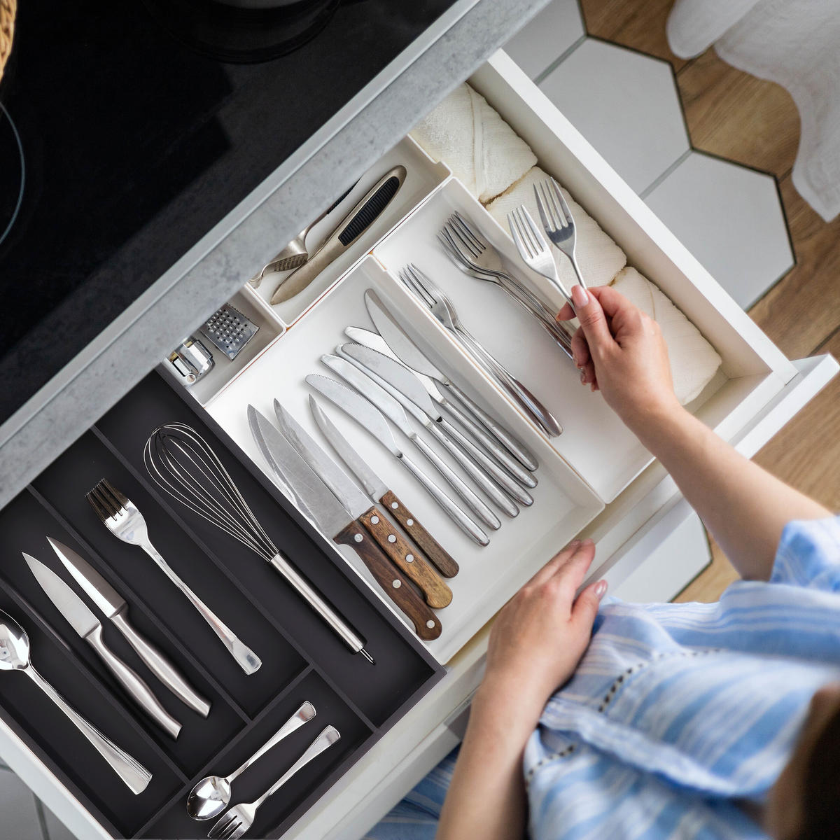 BESTECKKASTEN - Schwarz, Holz/Holzwerkstoff (34/5/30cm) - Relaxdays