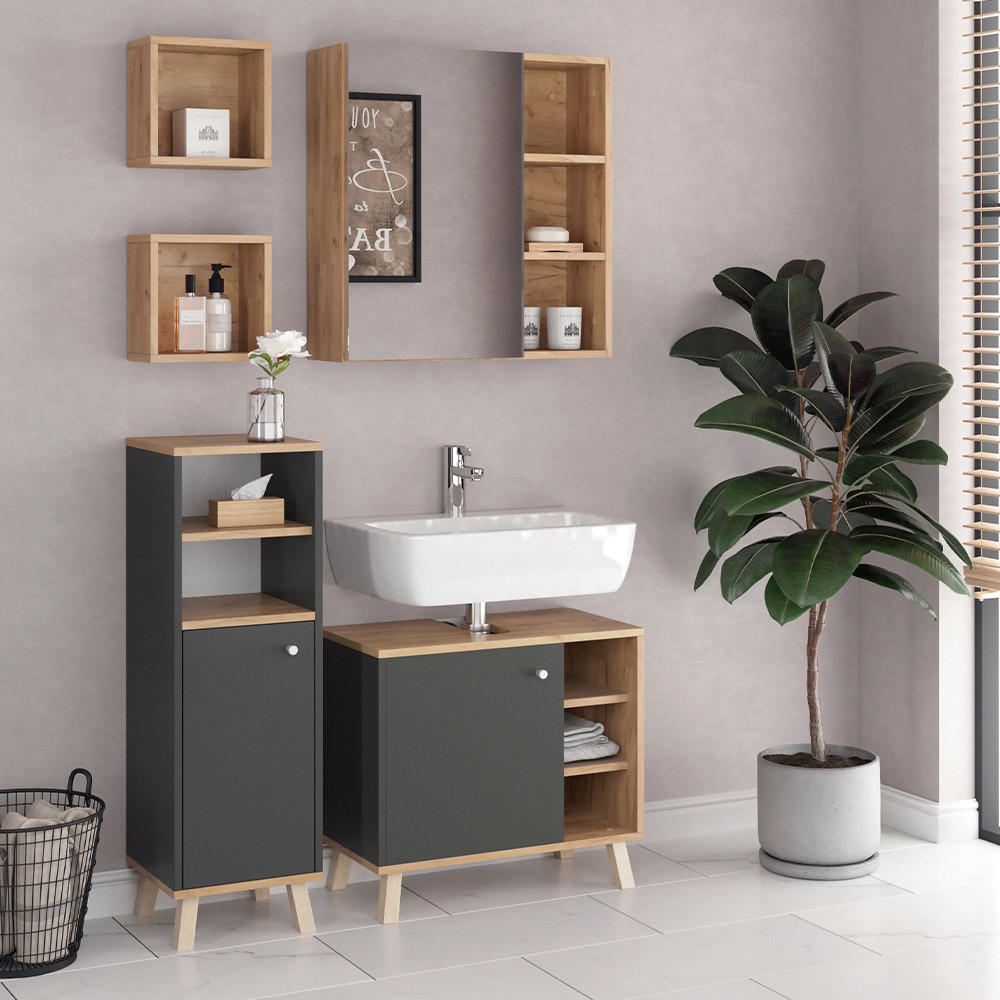 BADMÖBEL-SET Senyo Anthrazit 4 Teile, mit Hängeschrank - Honigeiche/Anthrazit, Holzwerkstoff (62/54/32cm) - Vicco